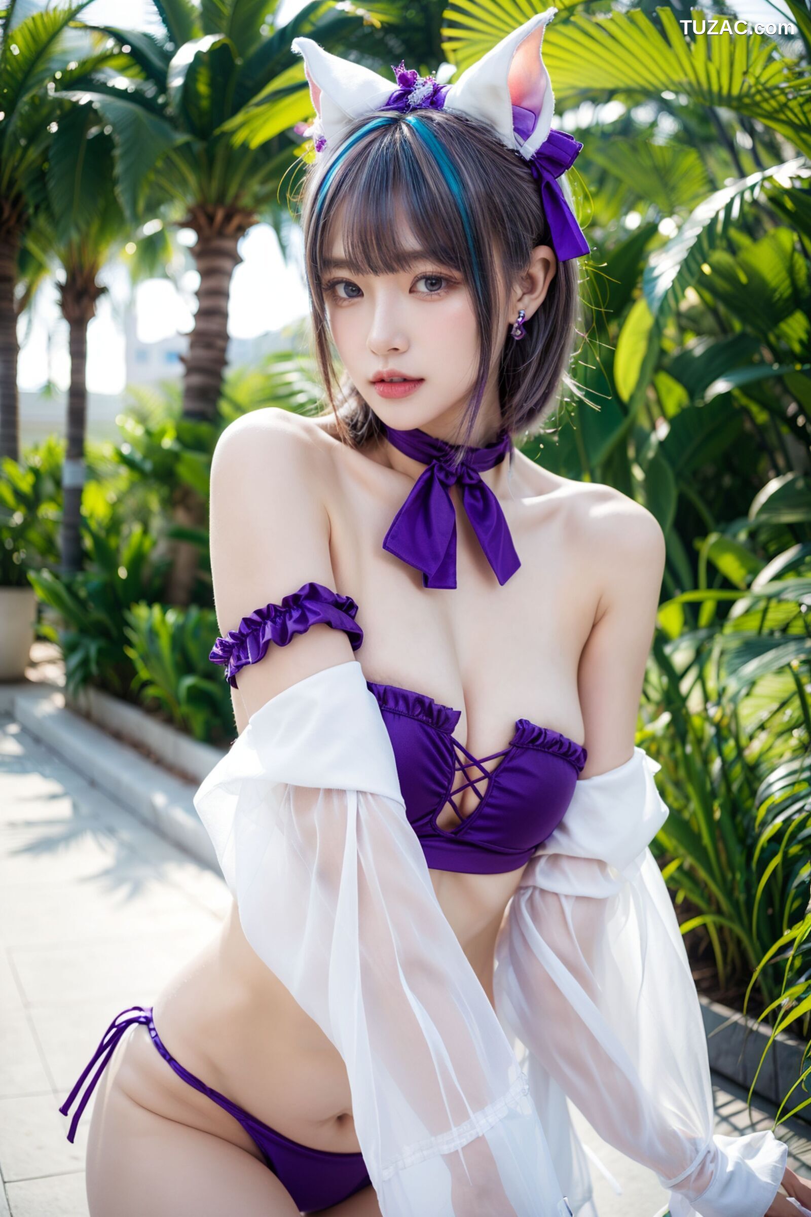 AI美女-拟实-紫色比基尼兽耳泳池场景