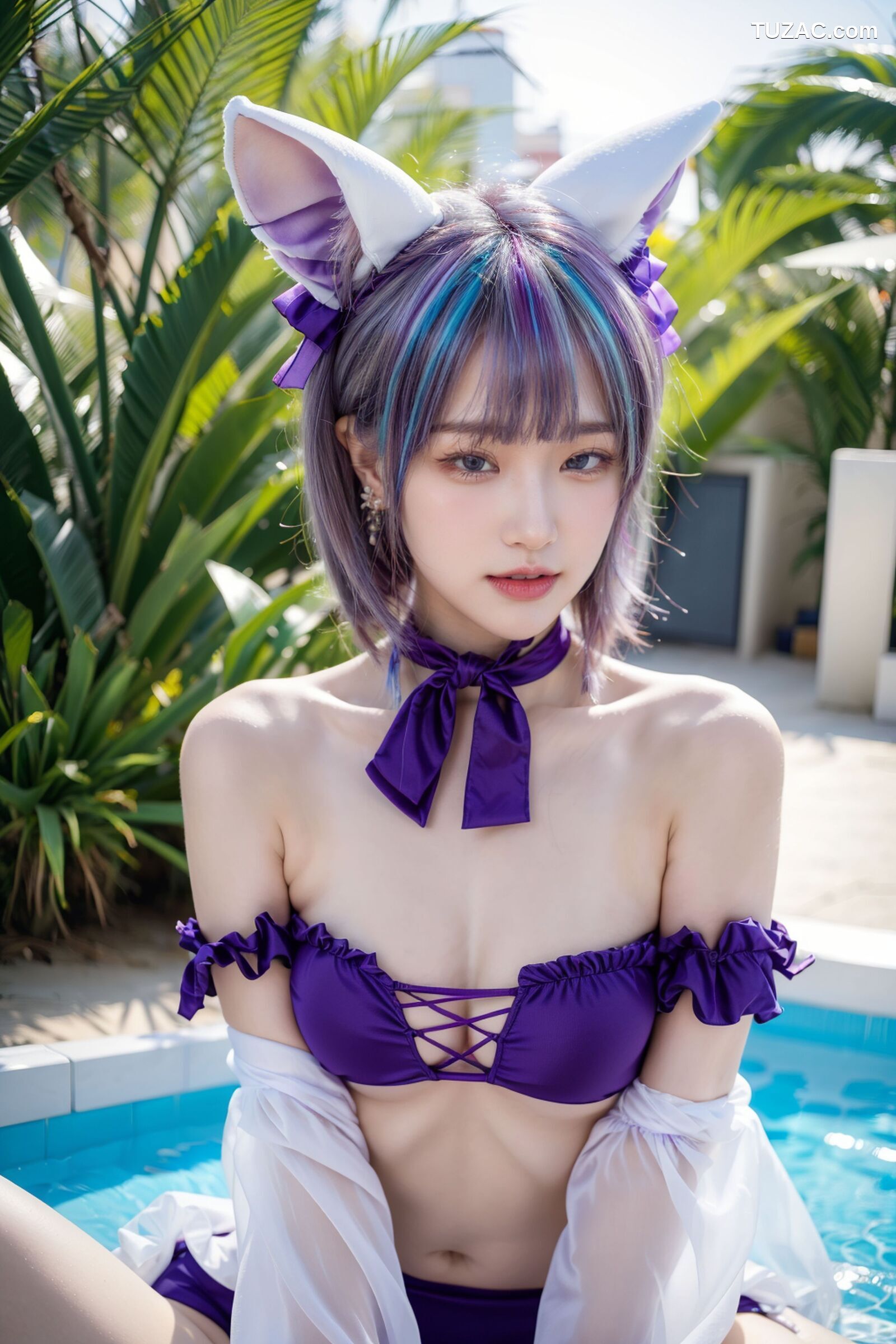 AI美女-拟实-紫色比基尼兽耳泳池场景