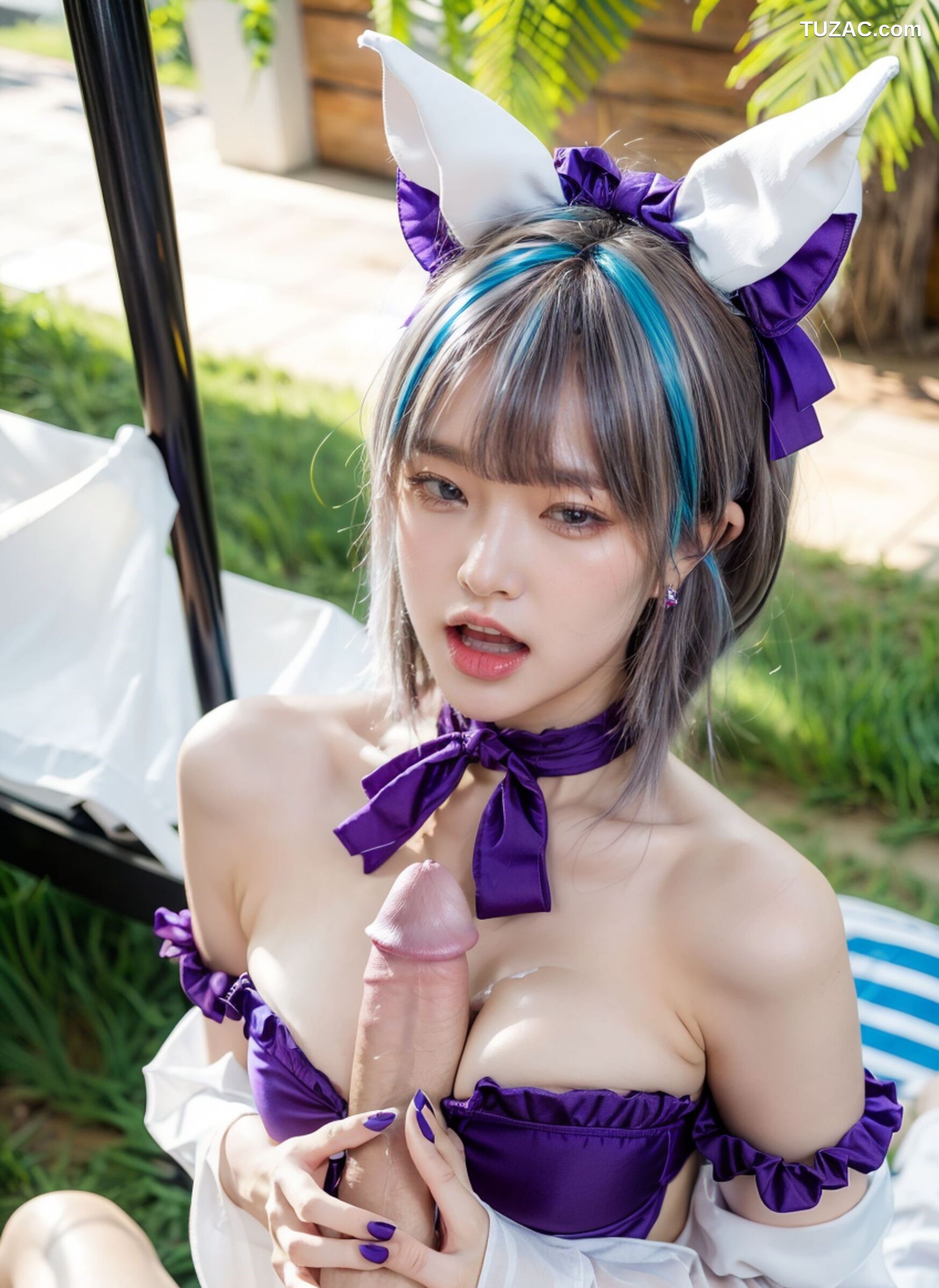 AI美女-拟实-紫色比基尼兽耳泳池场景