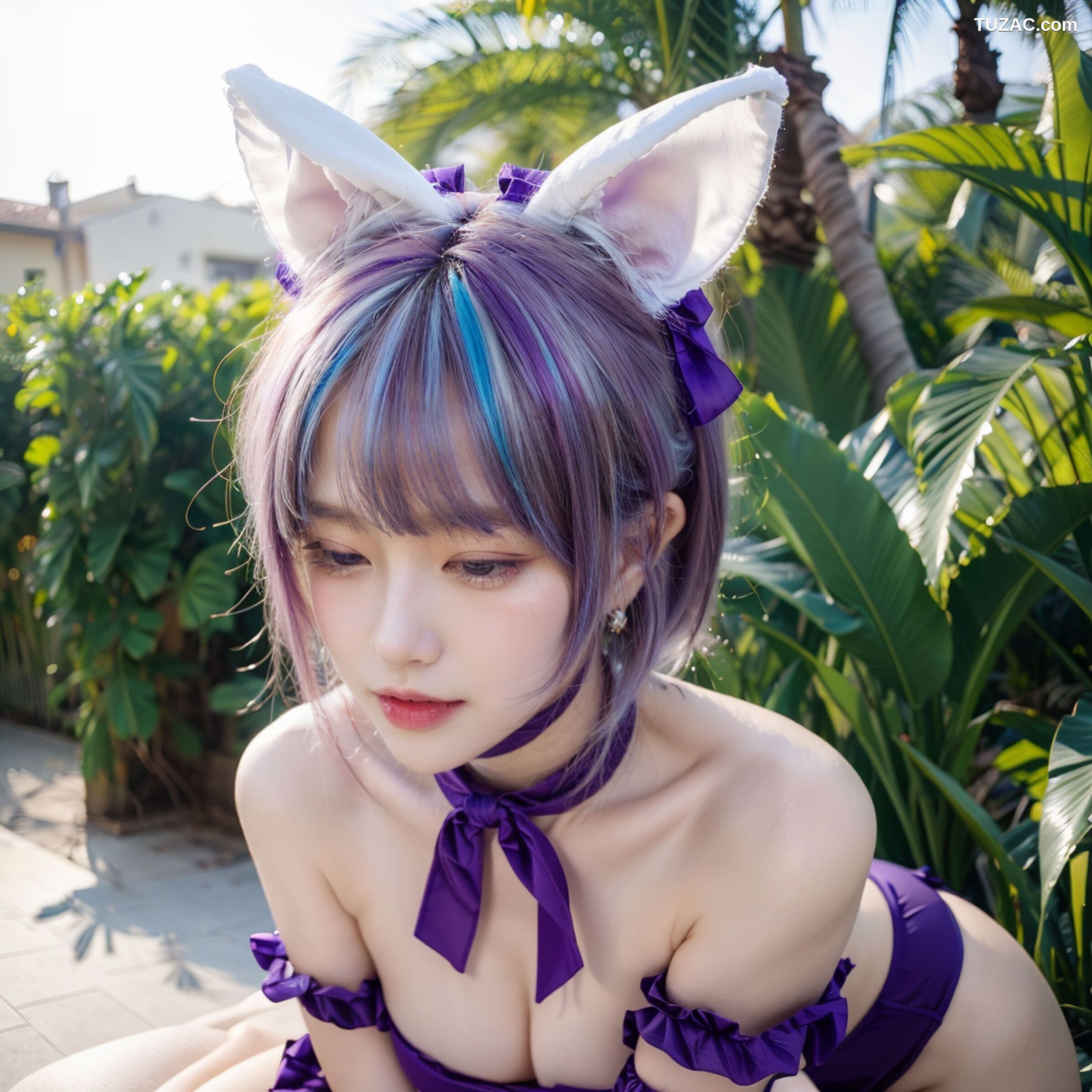 AI美女-拟实-紫色比基尼兽耳泳池场景