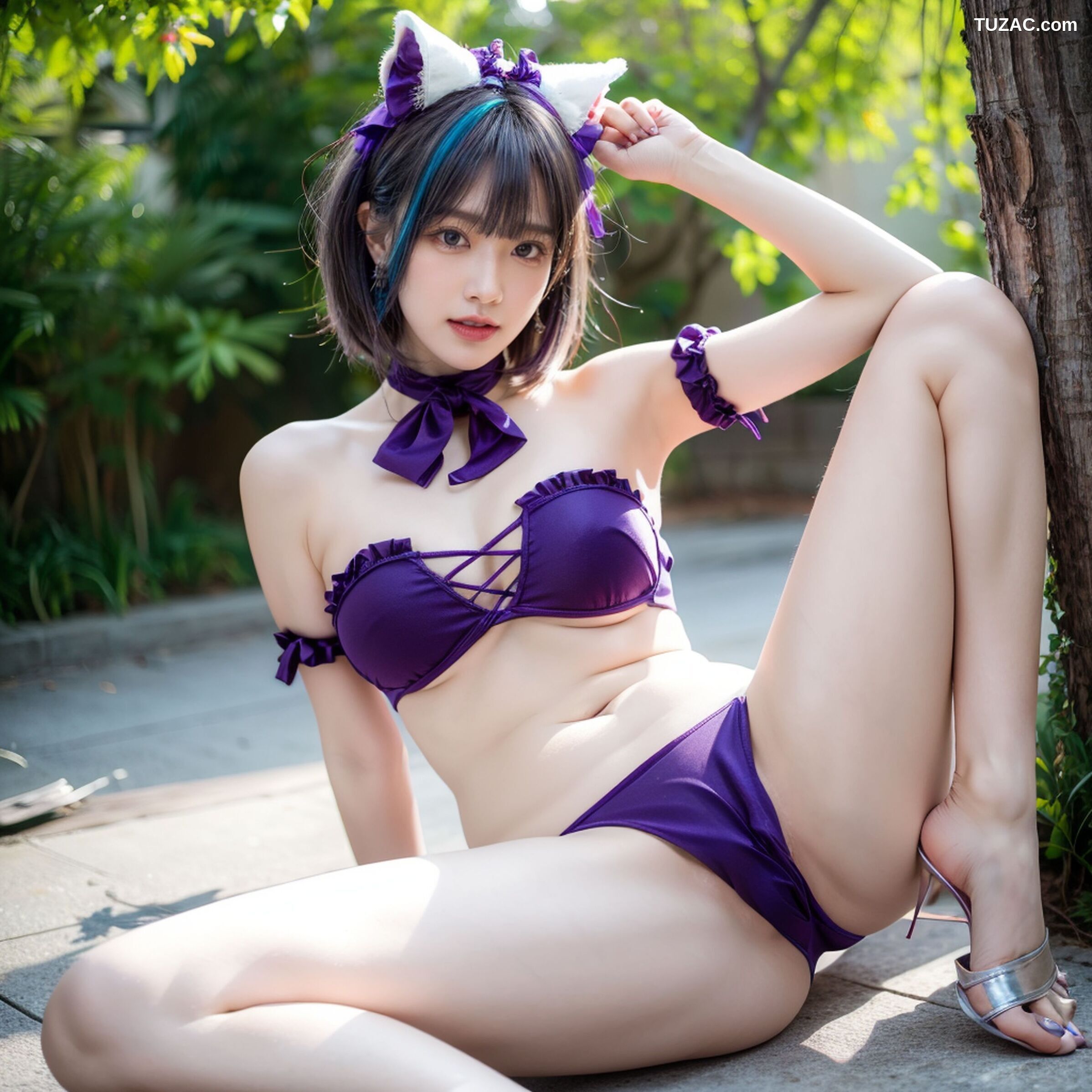 AI美女-拟实-紫色比基尼兽耳泳池场景