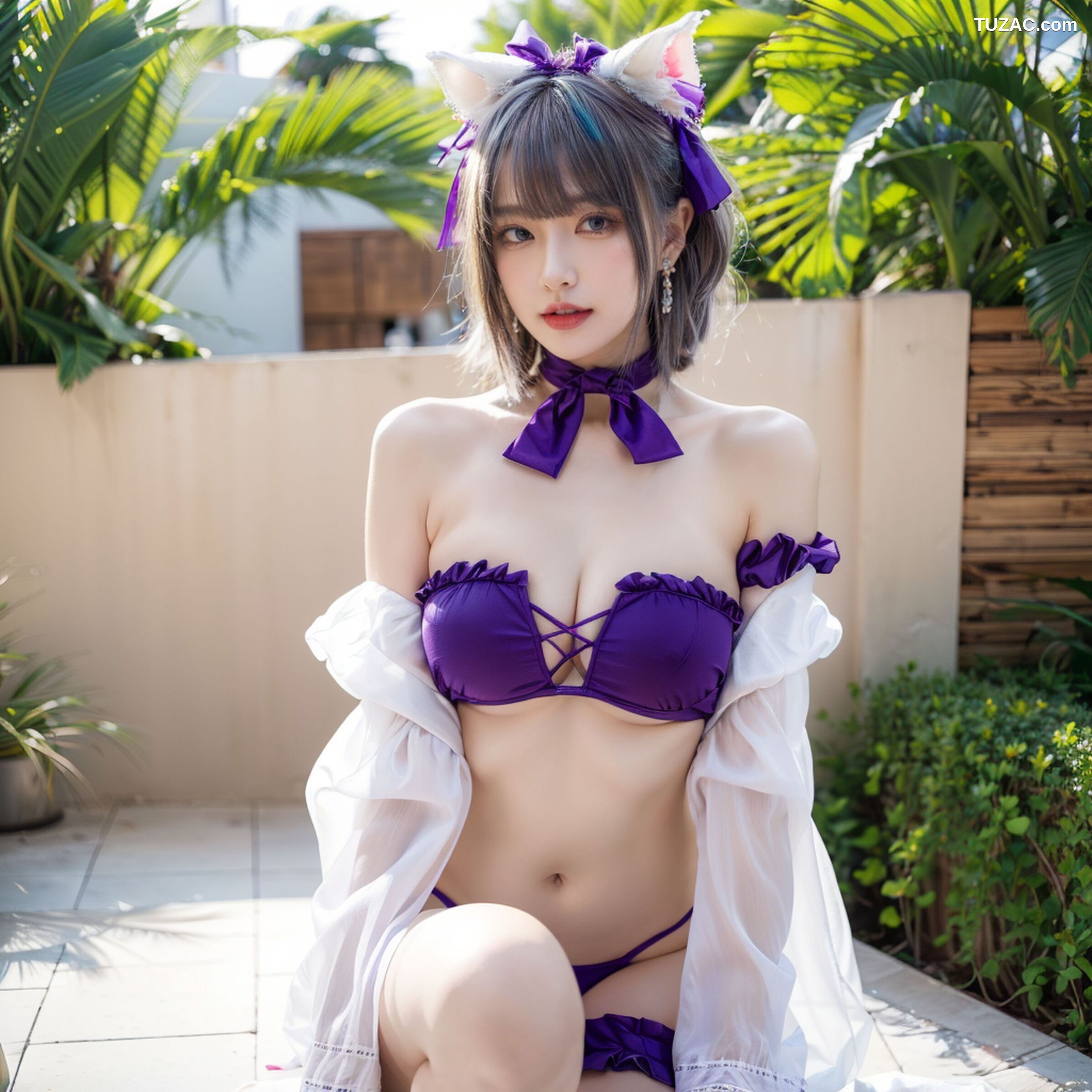 AI美女-拟实-紫色比基尼兽耳泳池场景
