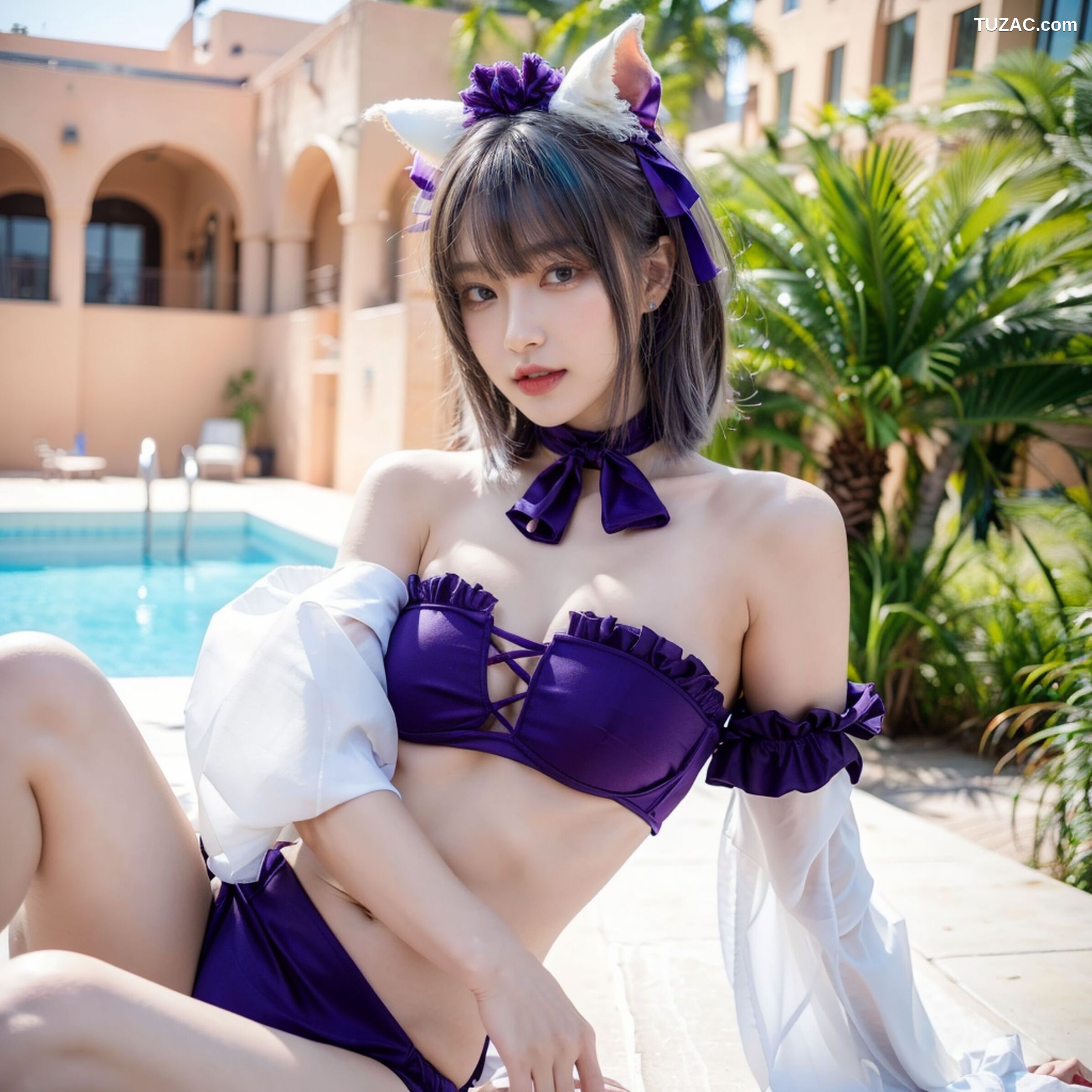 AI美女-拟实-紫色比基尼兽耳泳池场景