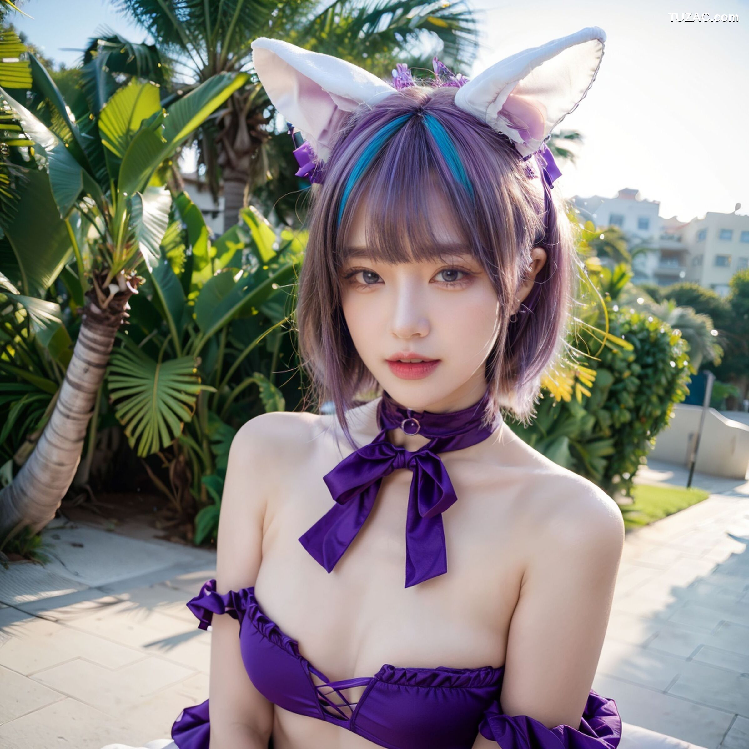 AI美女-拟实-紫色比基尼兽耳泳池场景