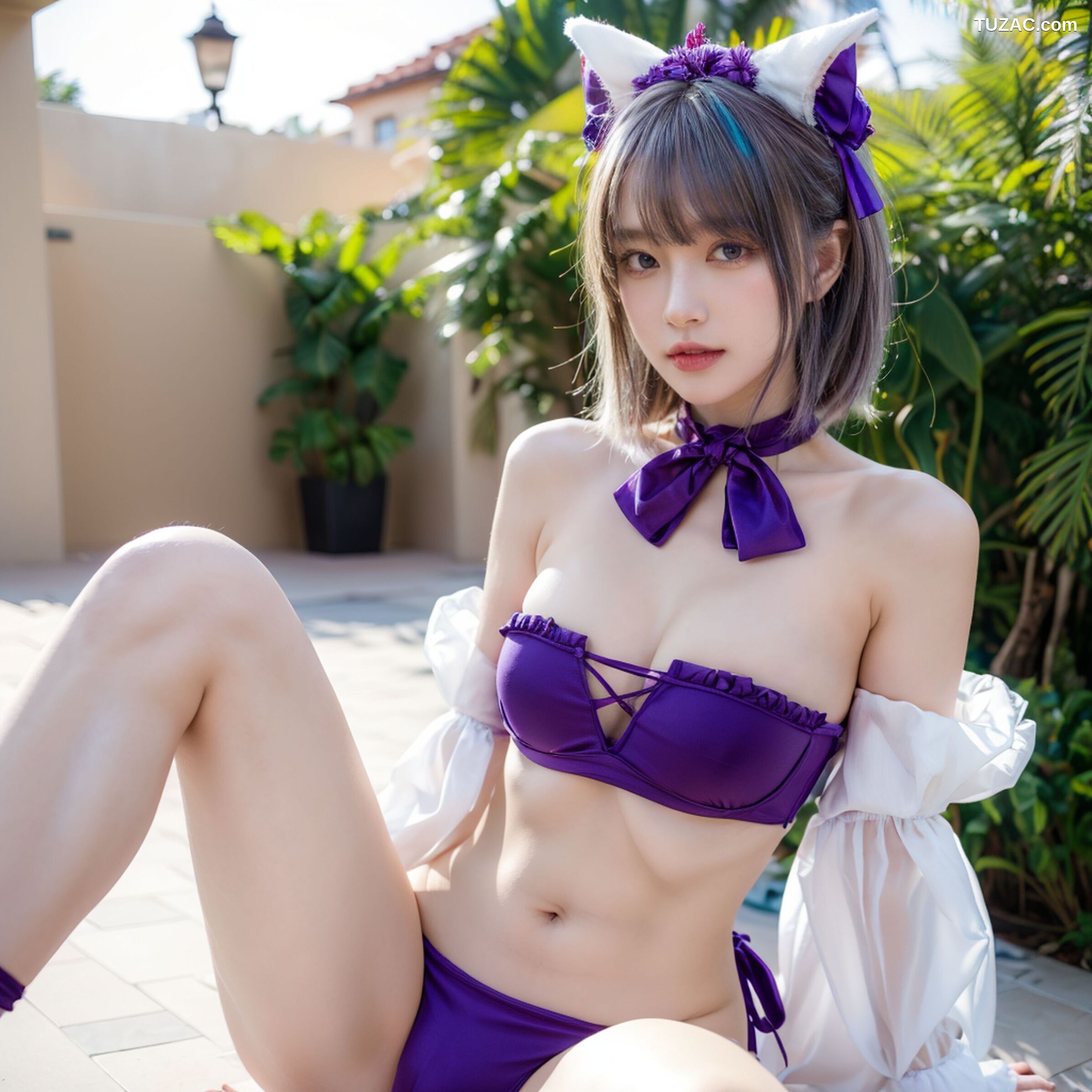 AI美女-拟实-紫色比基尼兽耳泳池场景