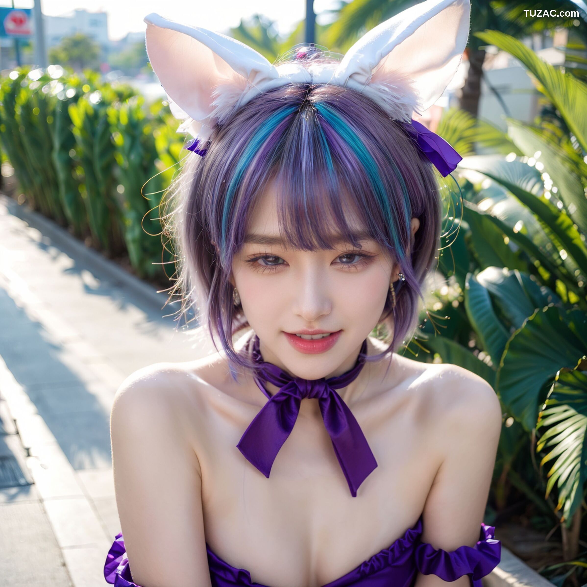 AI美女-拟实-紫色比基尼兽耳泳池场景