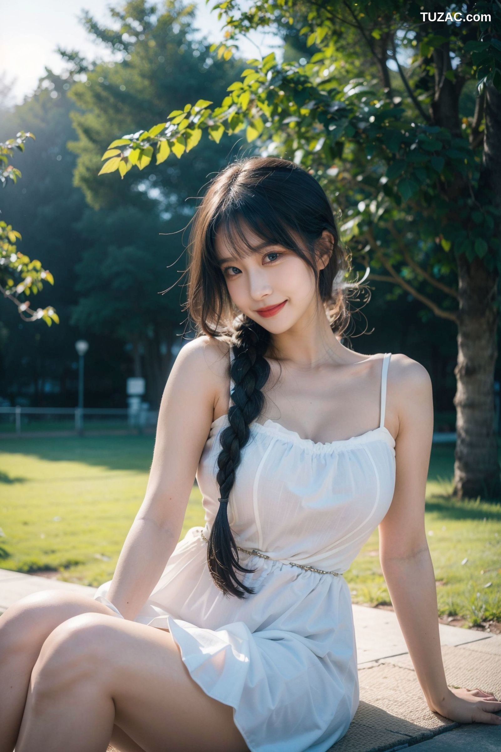 AI美女-拟实-绿树阳光的户外露出