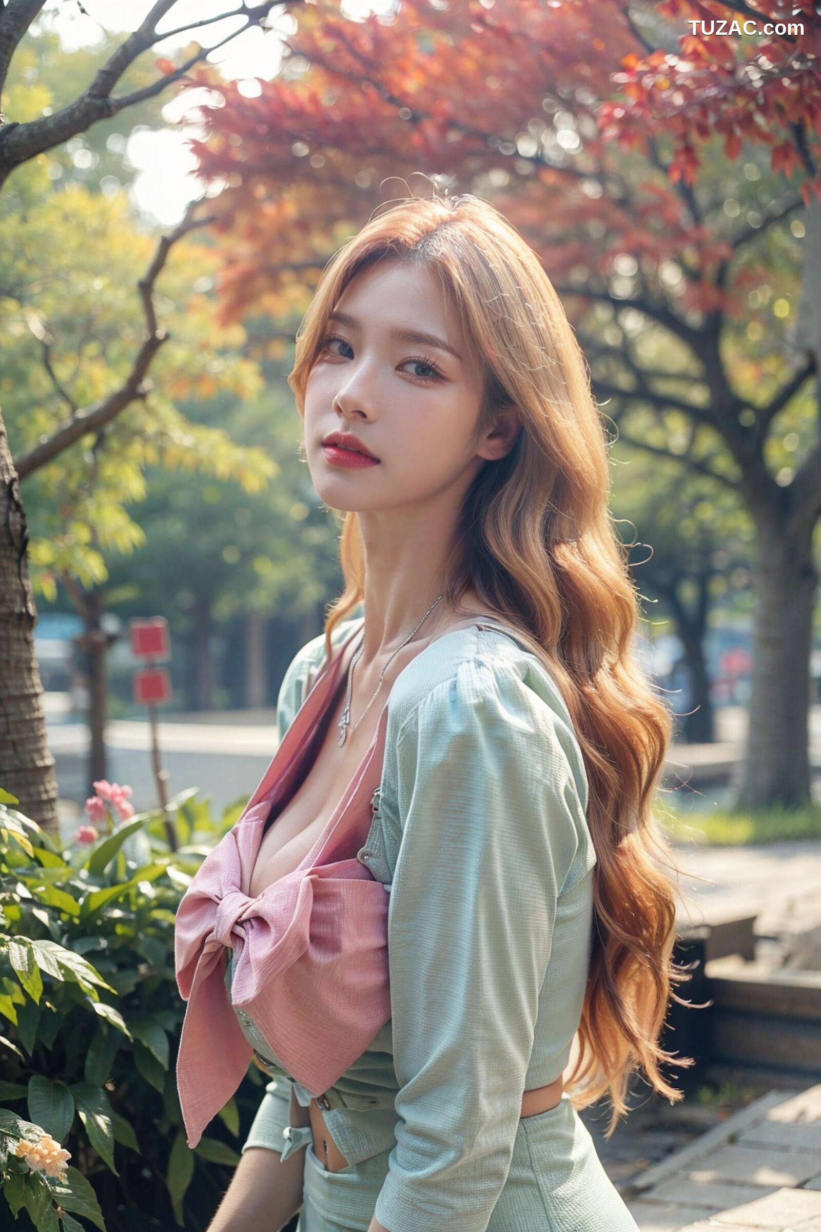 AI美女-拟实-花园中的绿裙美女