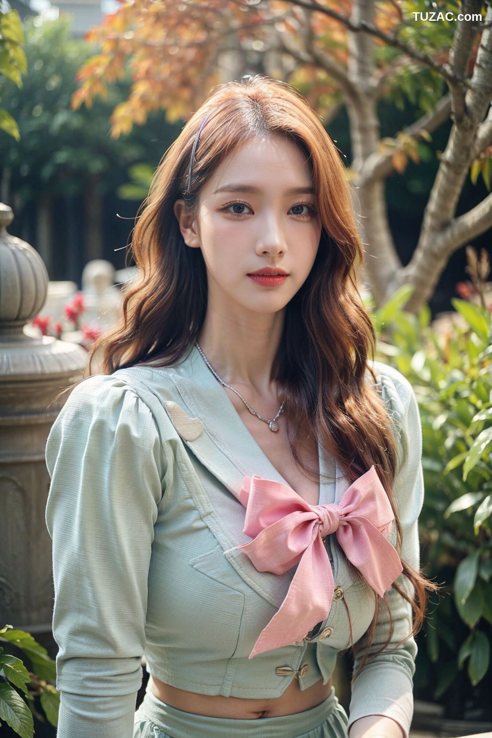 AI美女-拟实-花园中的绿裙美女