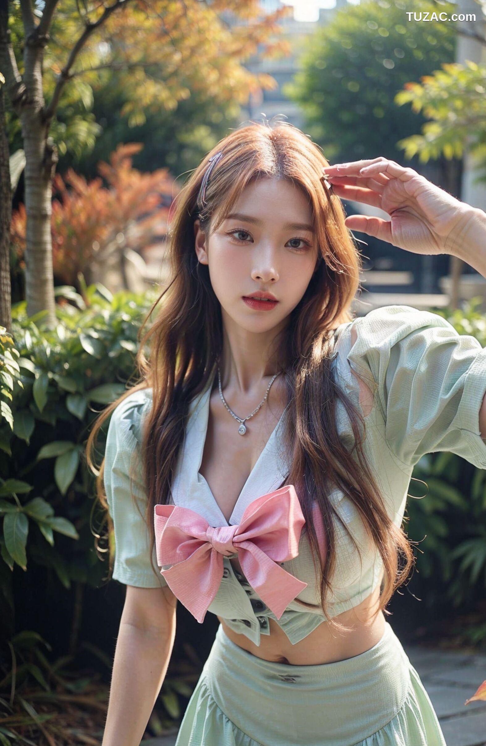 AI美女-拟实-花园中的绿裙美女