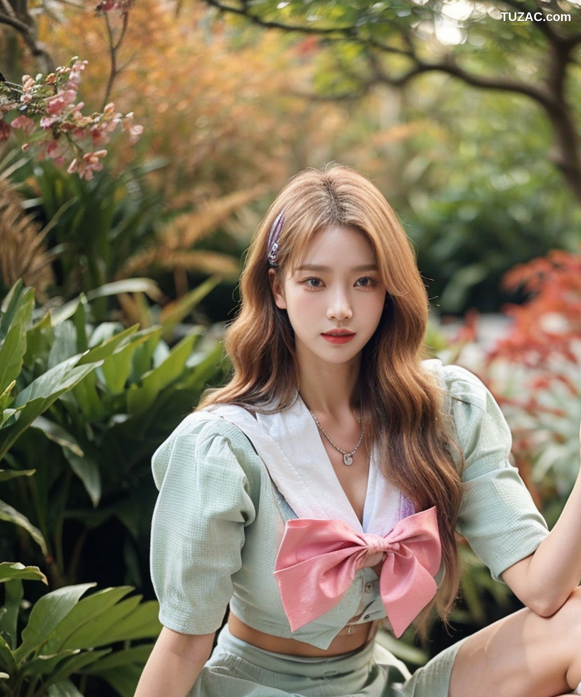 AI美女-拟实-花园中的绿裙美女