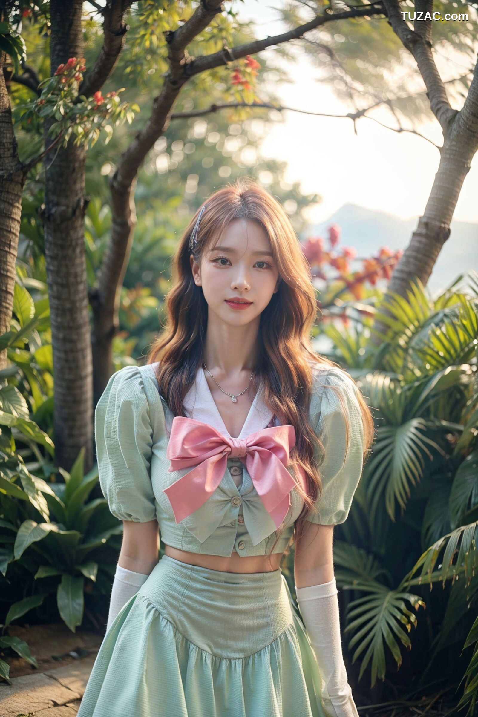 AI美女-拟实-花园中的绿裙美女