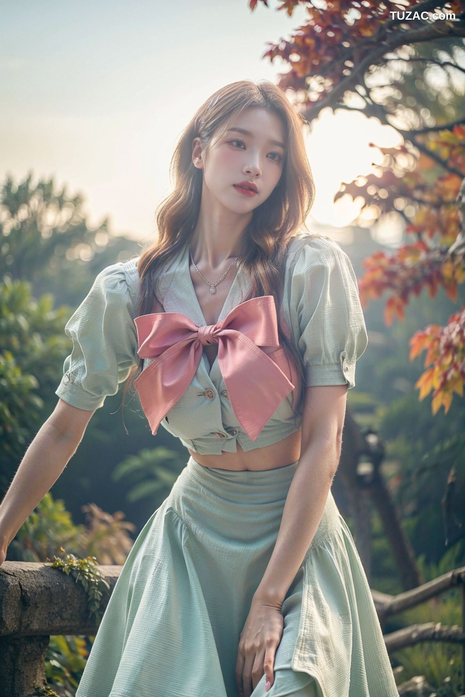 AI美女-拟实-花园中的绿裙美女