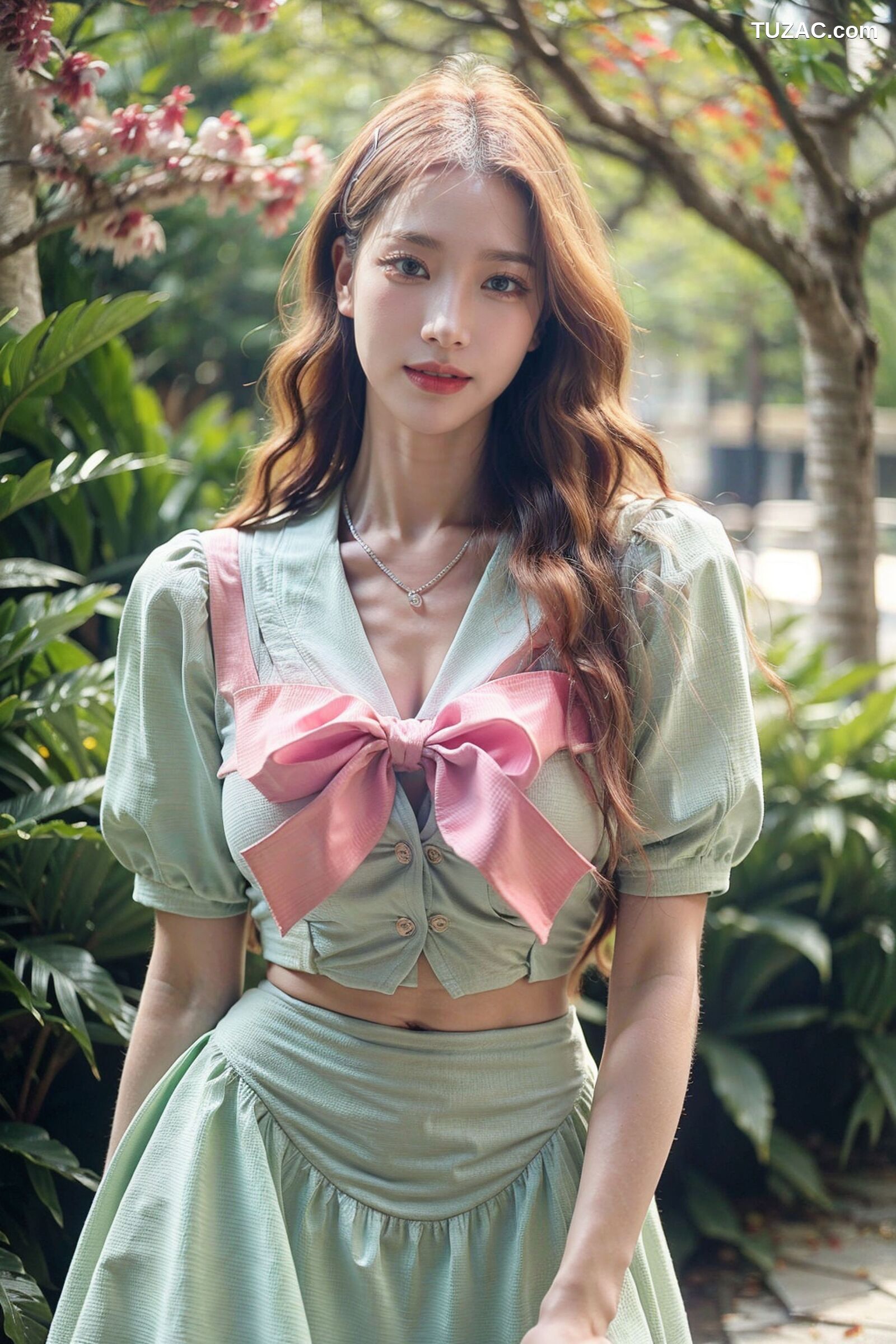 AI美女-拟实-花园中的绿裙美女