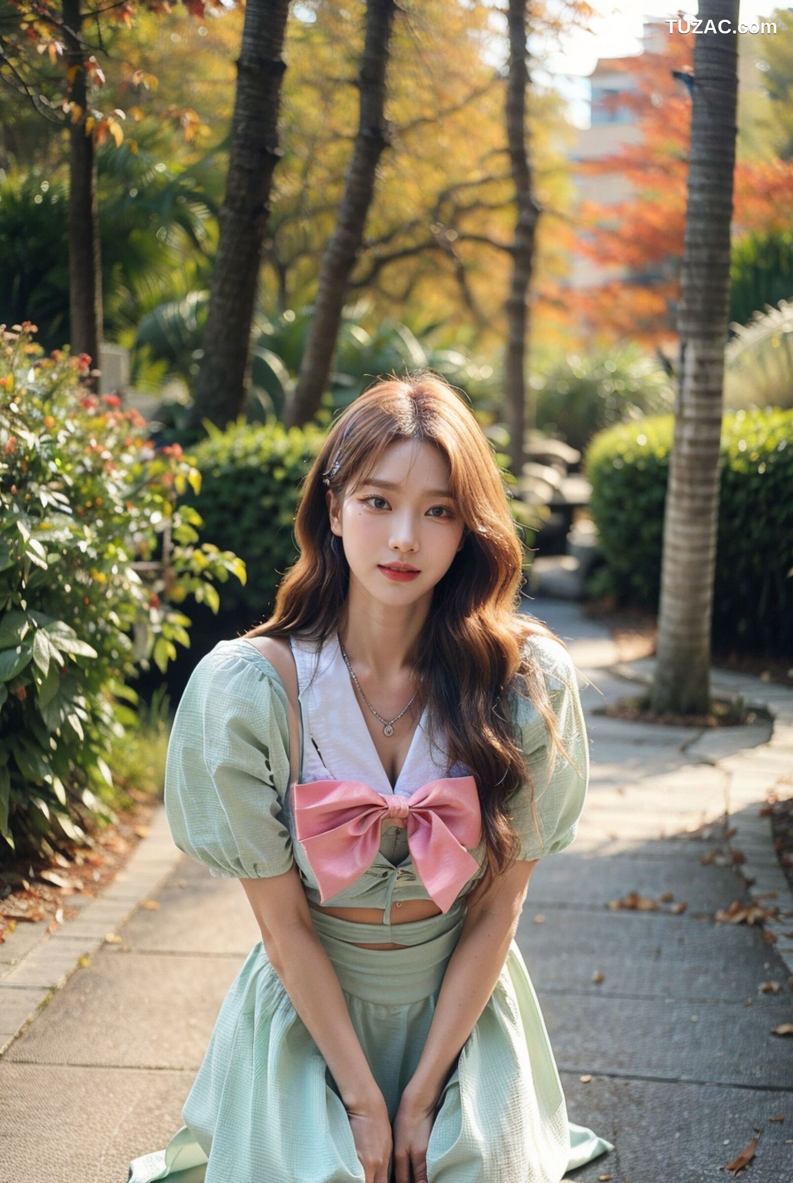 AI美女-拟实-花园中的绿裙美女
