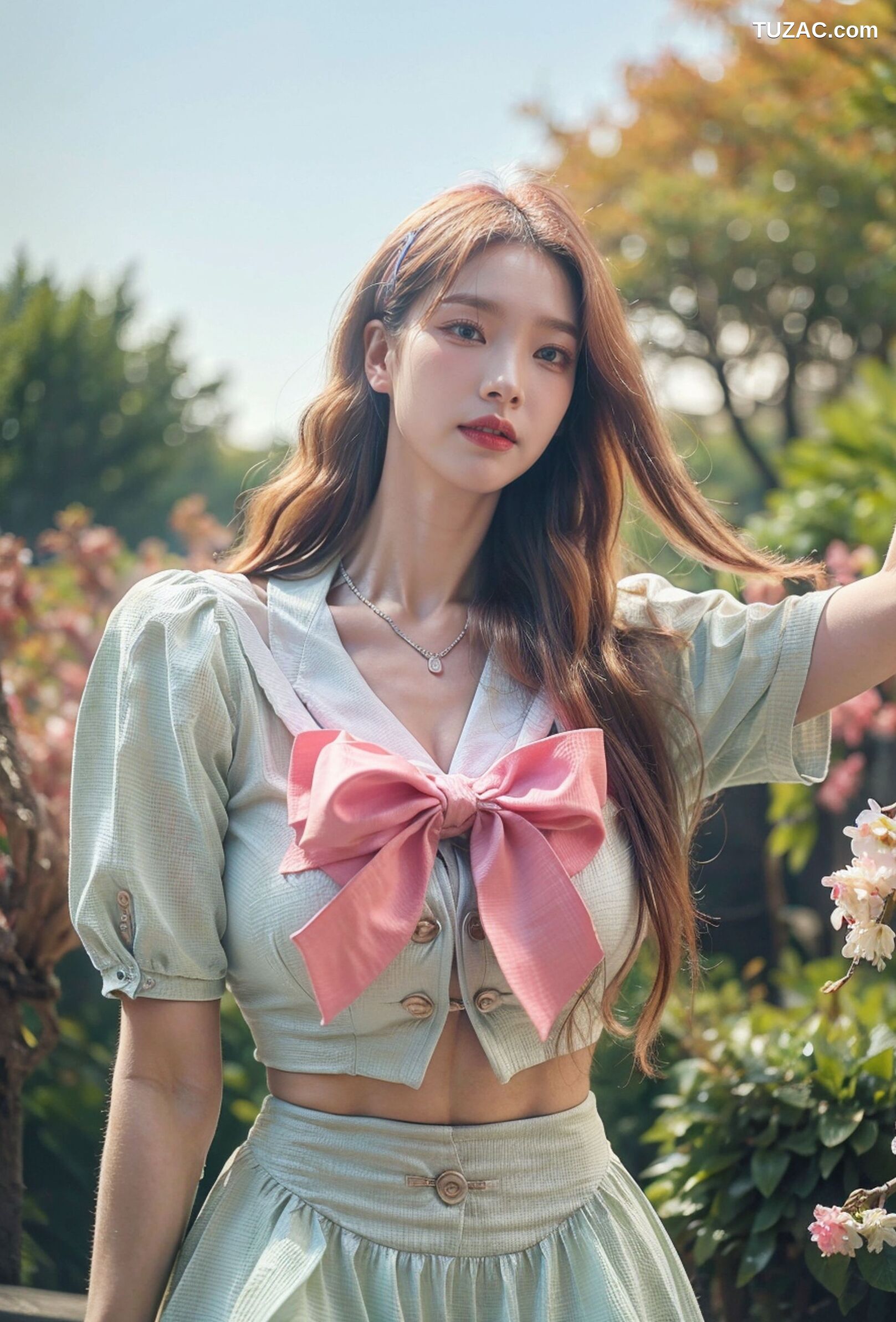 AI美女-拟实-花园中的绿裙美女