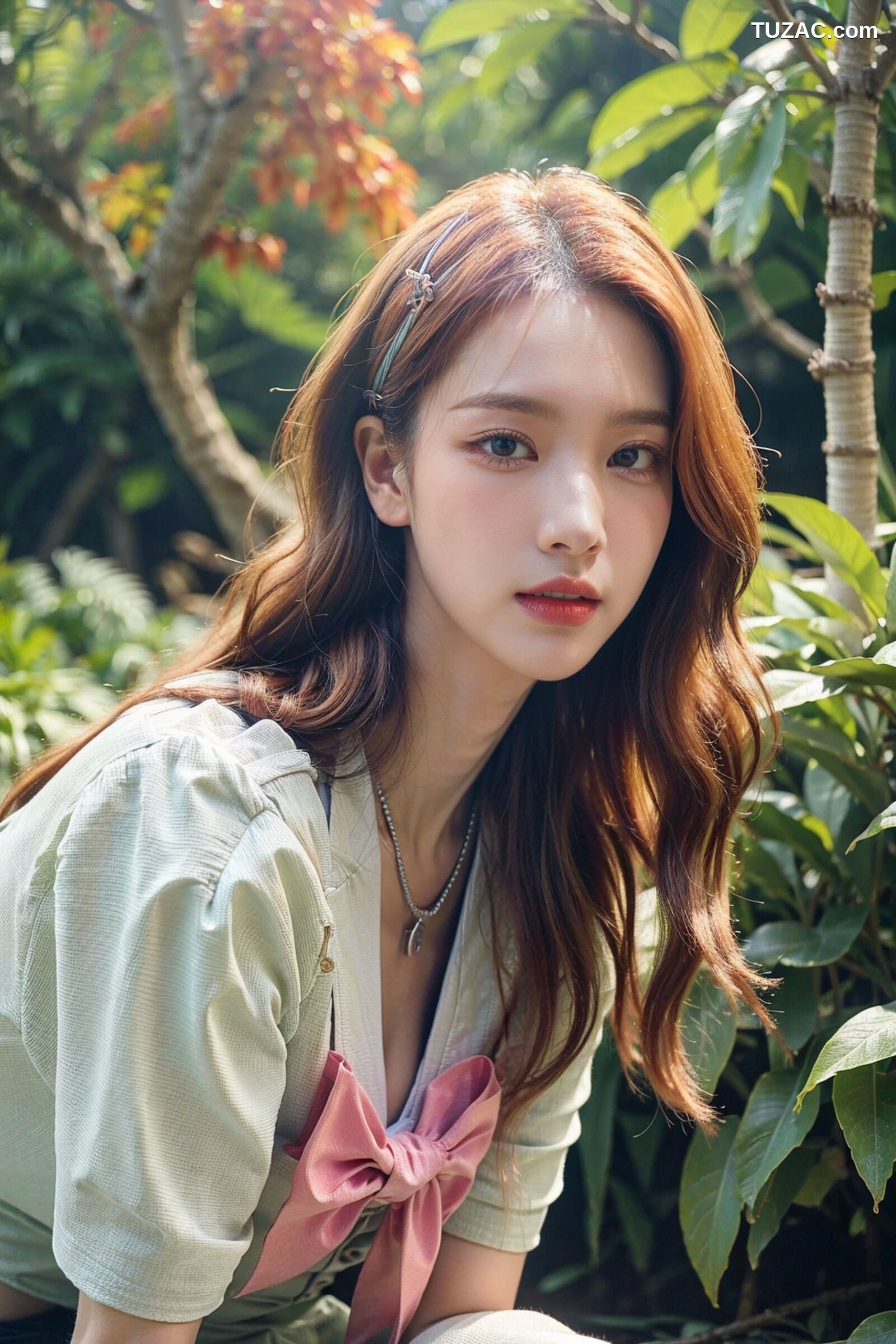 AI美女-拟实-花园中的绿裙美女