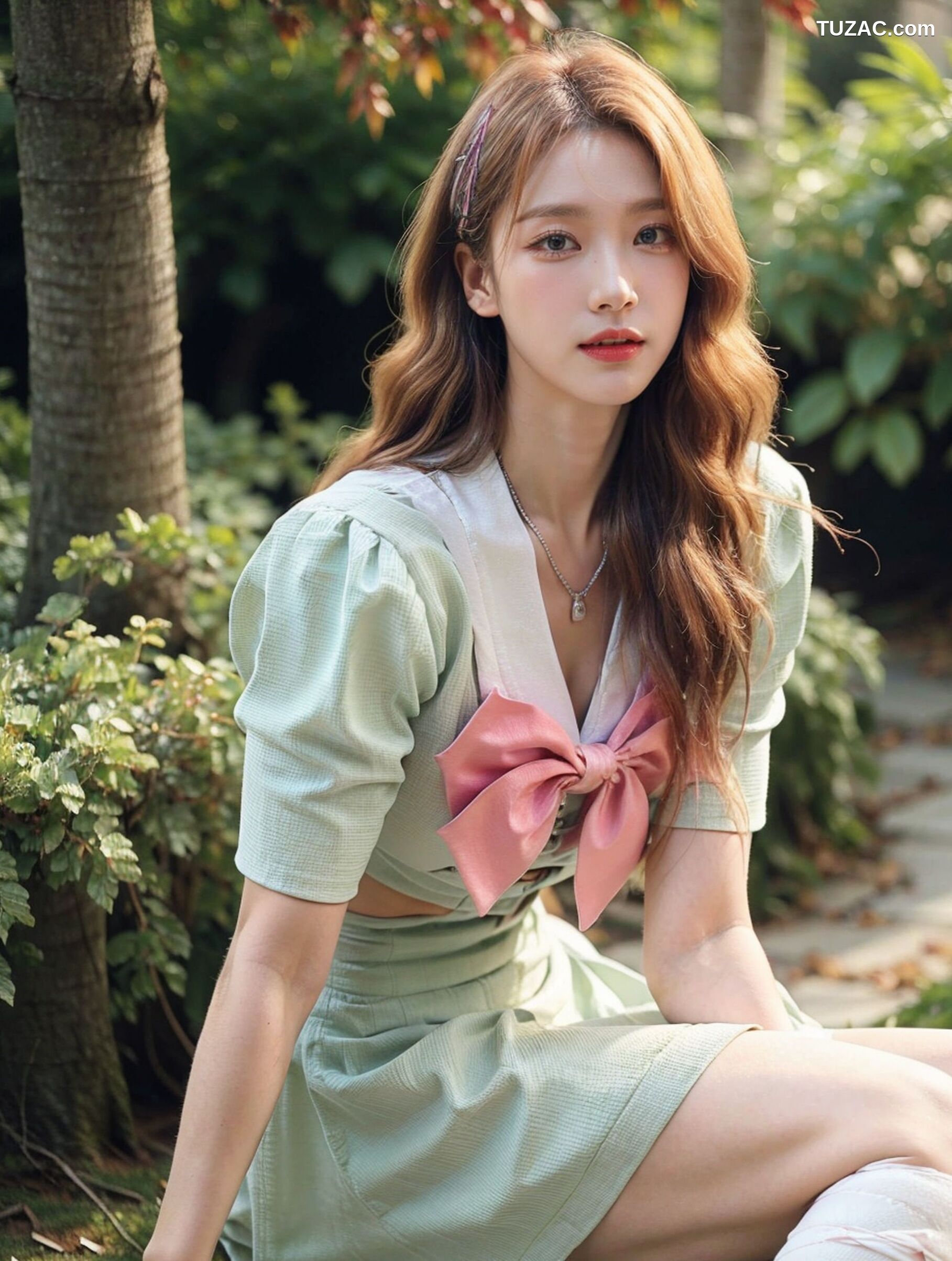 AI美女-拟实-花园中的绿裙美女