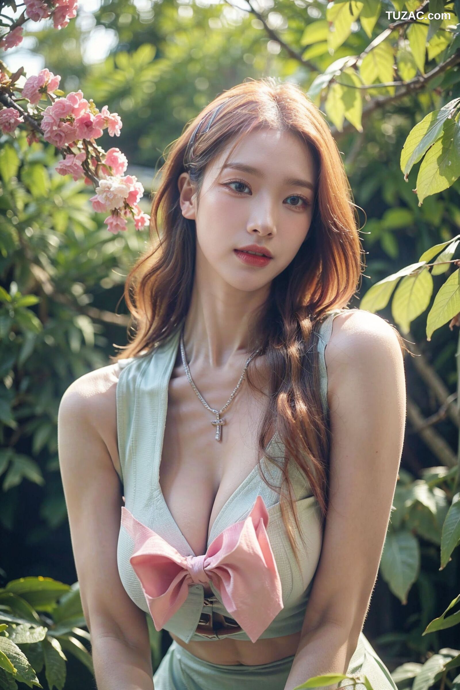 AI美女-拟实-花园中的绿裙美女