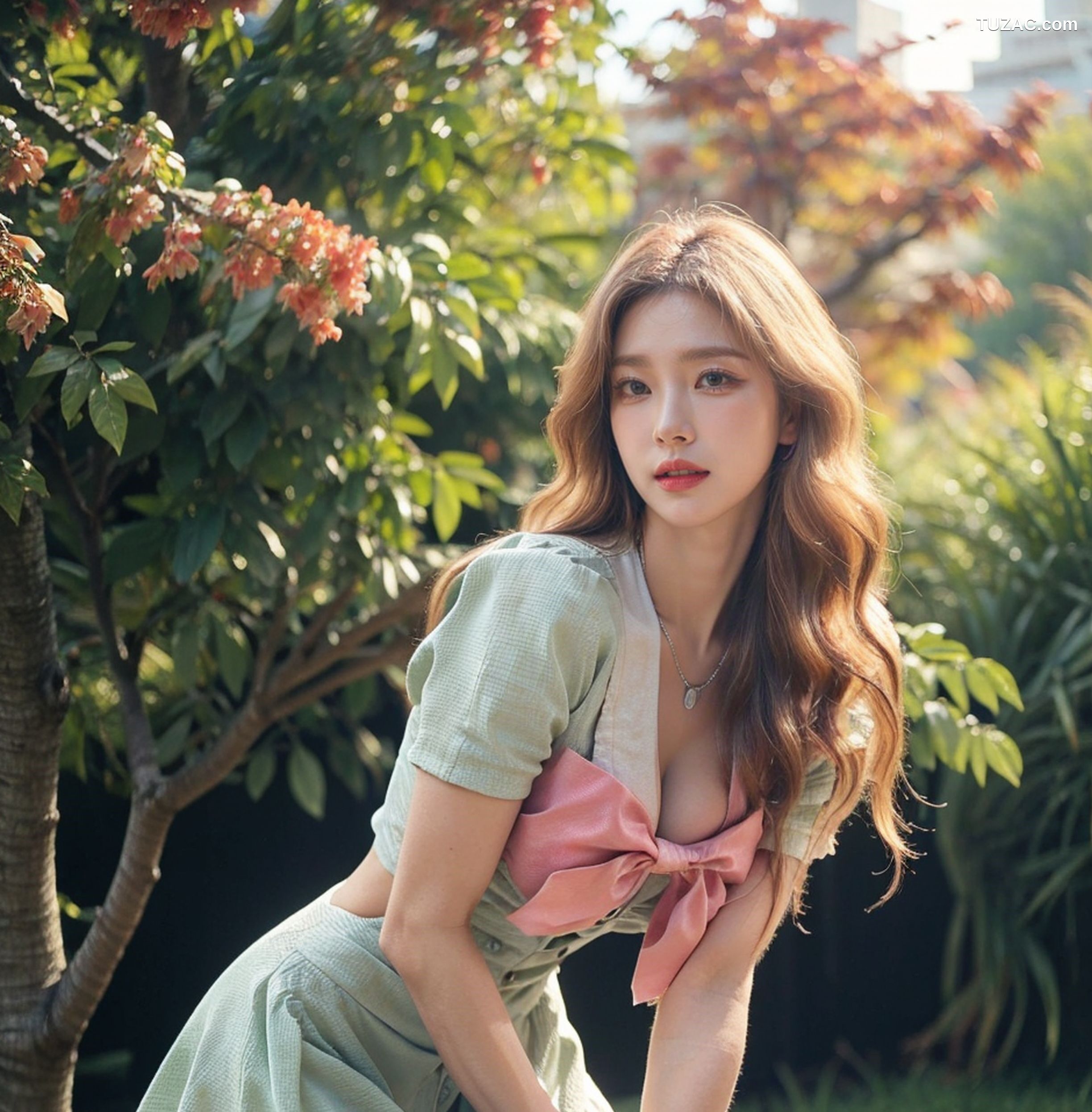 AI美女-拟实-花园中的绿裙美女