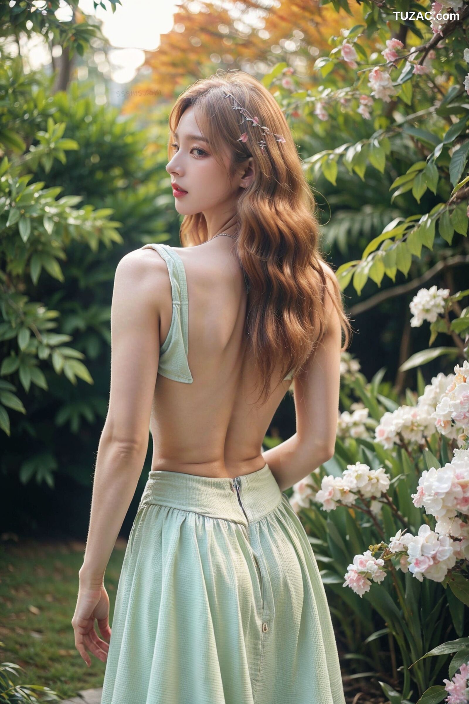 AI美女-拟实-花园中的绿裙美女