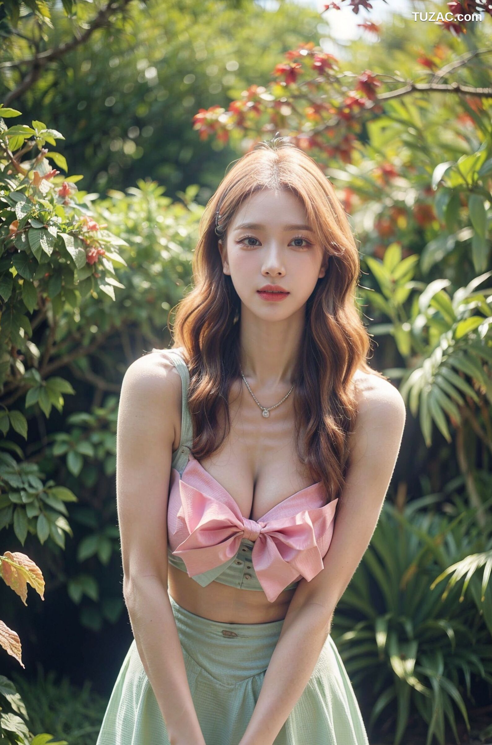 AI美女-拟实-花园中的绿裙美女
