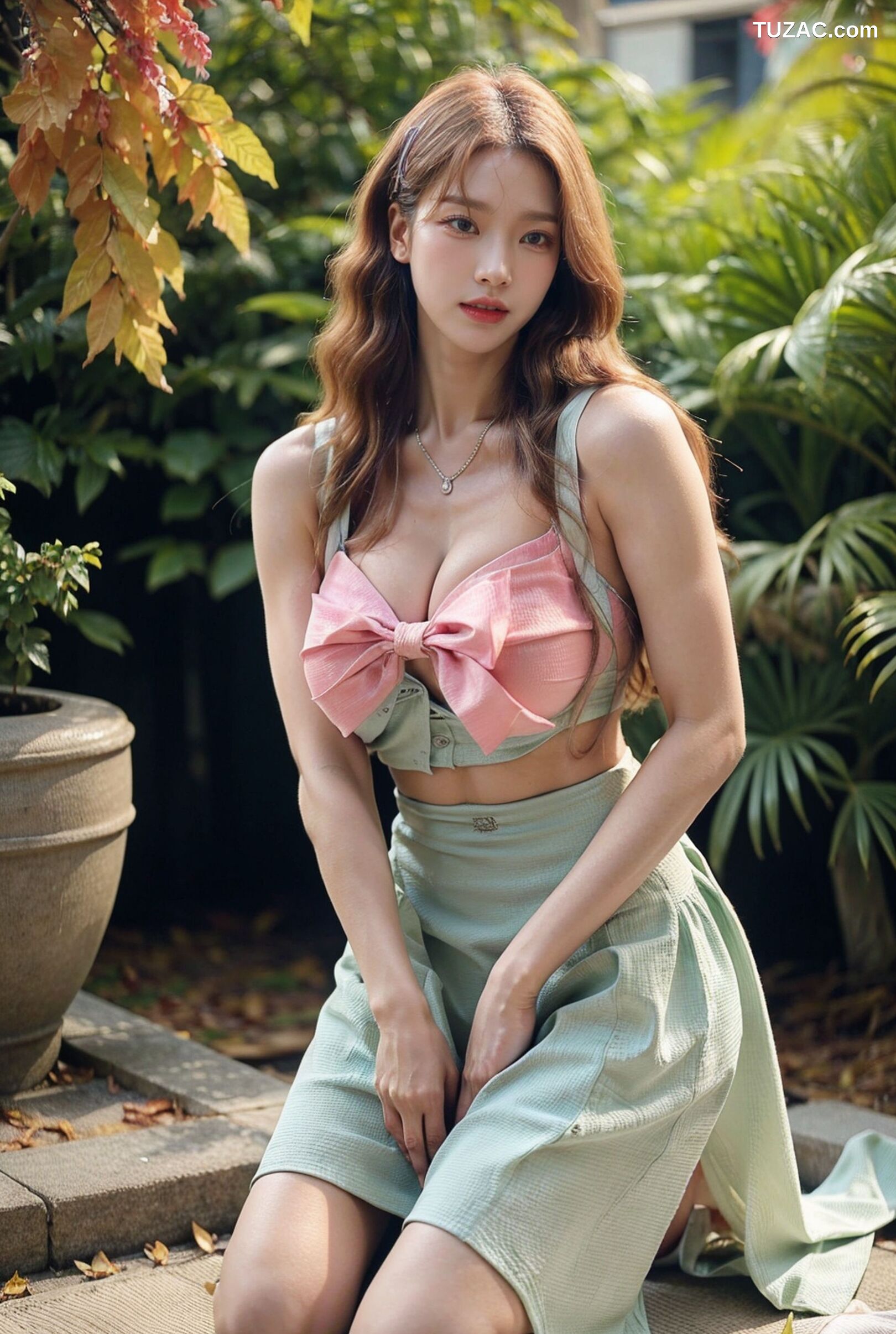 AI美女-拟实-花园中的绿裙美女