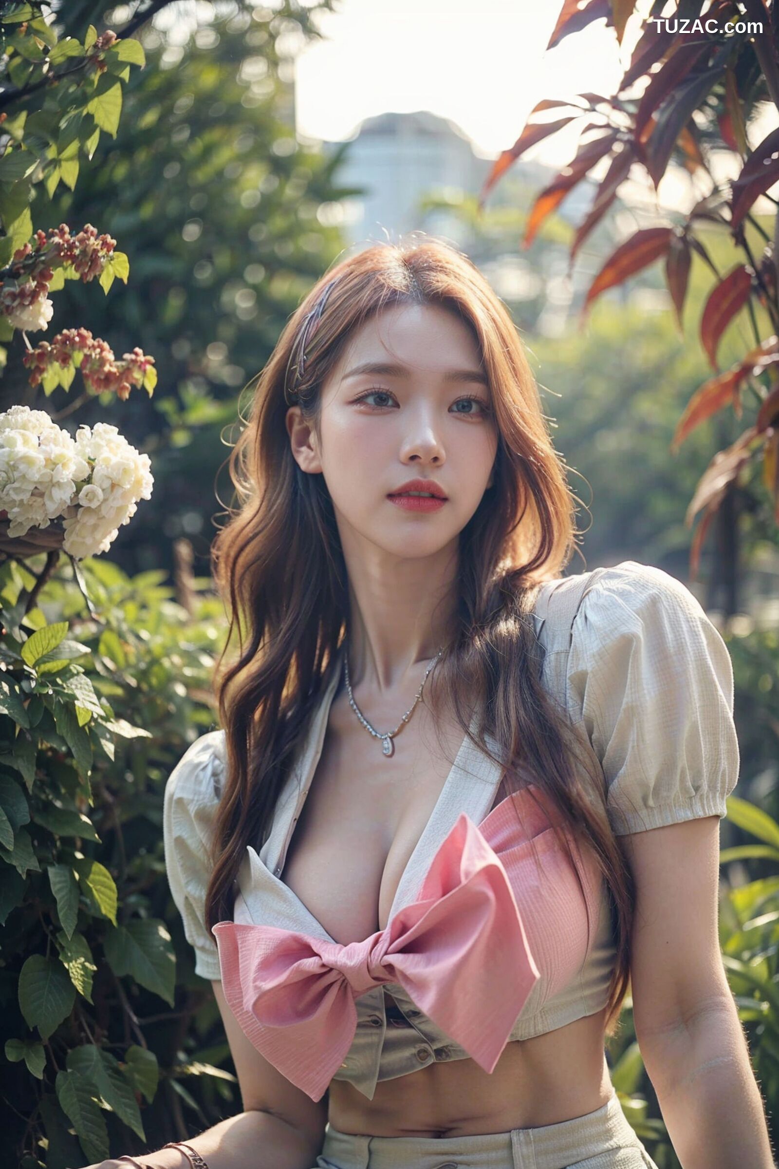 AI美女-拟实-花园中的绿裙美女