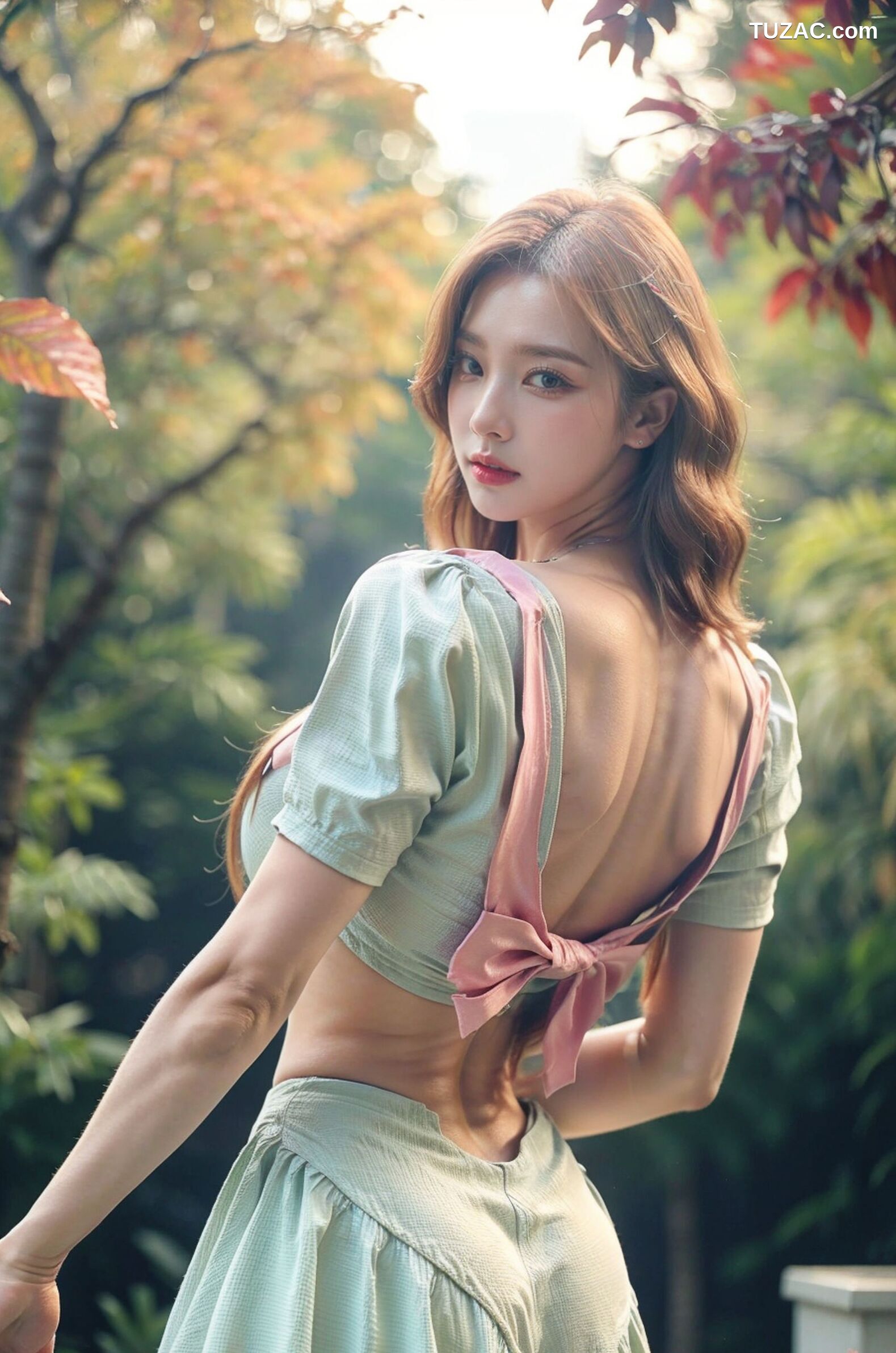 AI美女-拟实-花园中的绿裙美女