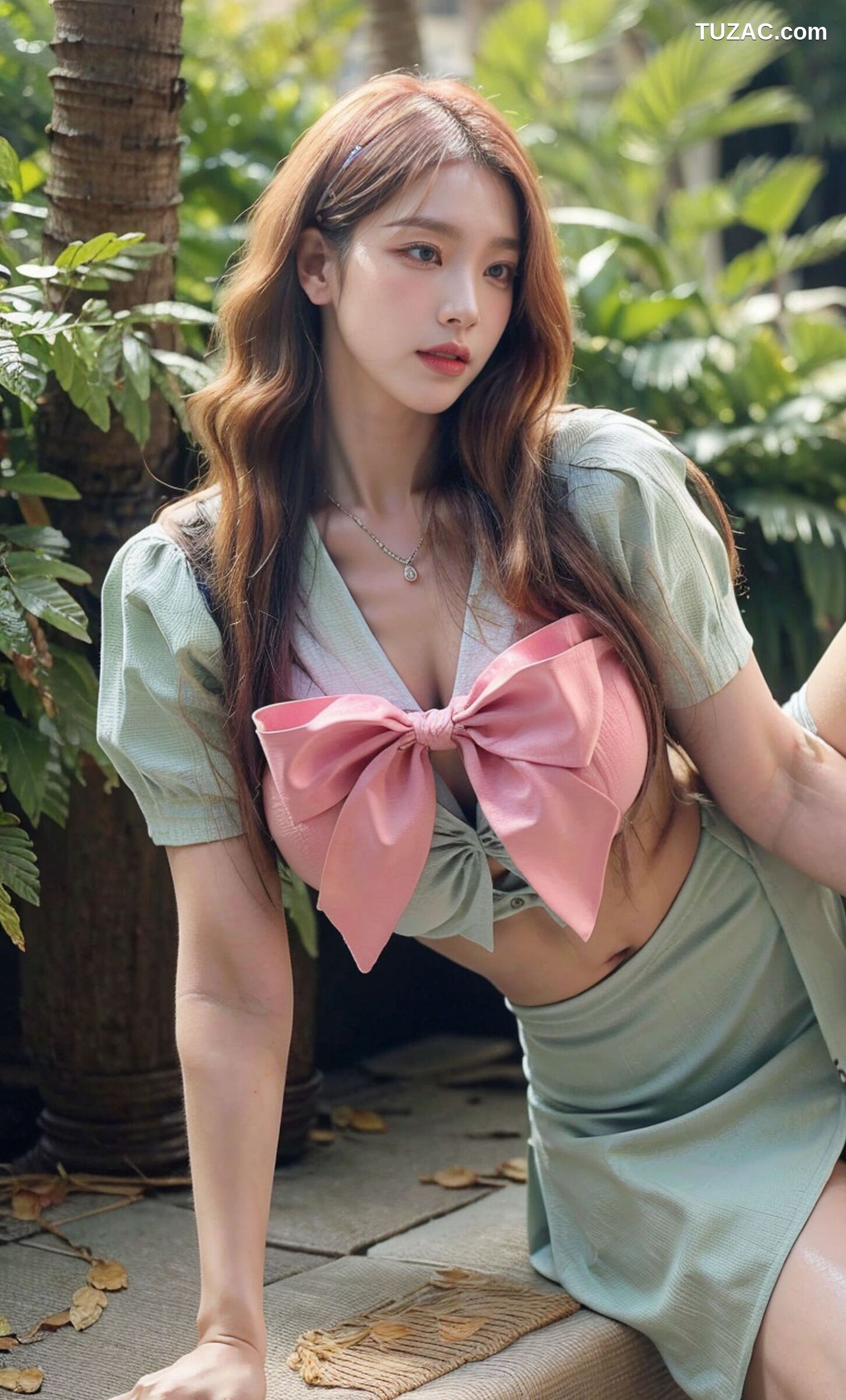 AI美女-拟实-花园中的绿裙美女