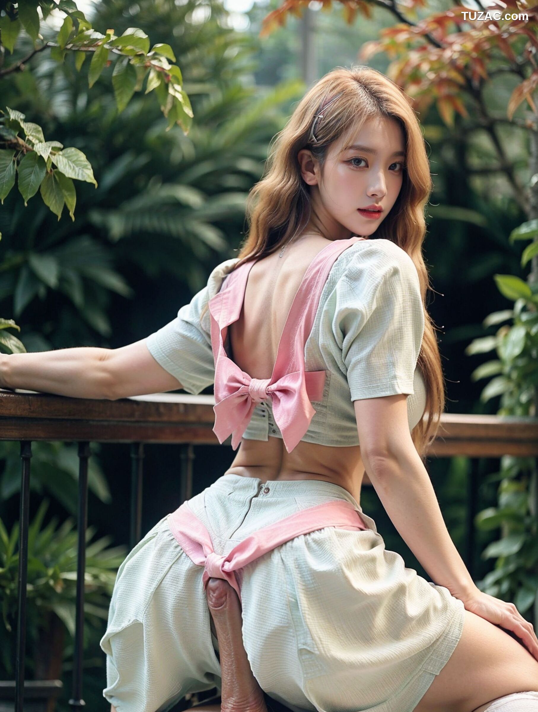 AI美女-拟实-花园中的绿裙美女