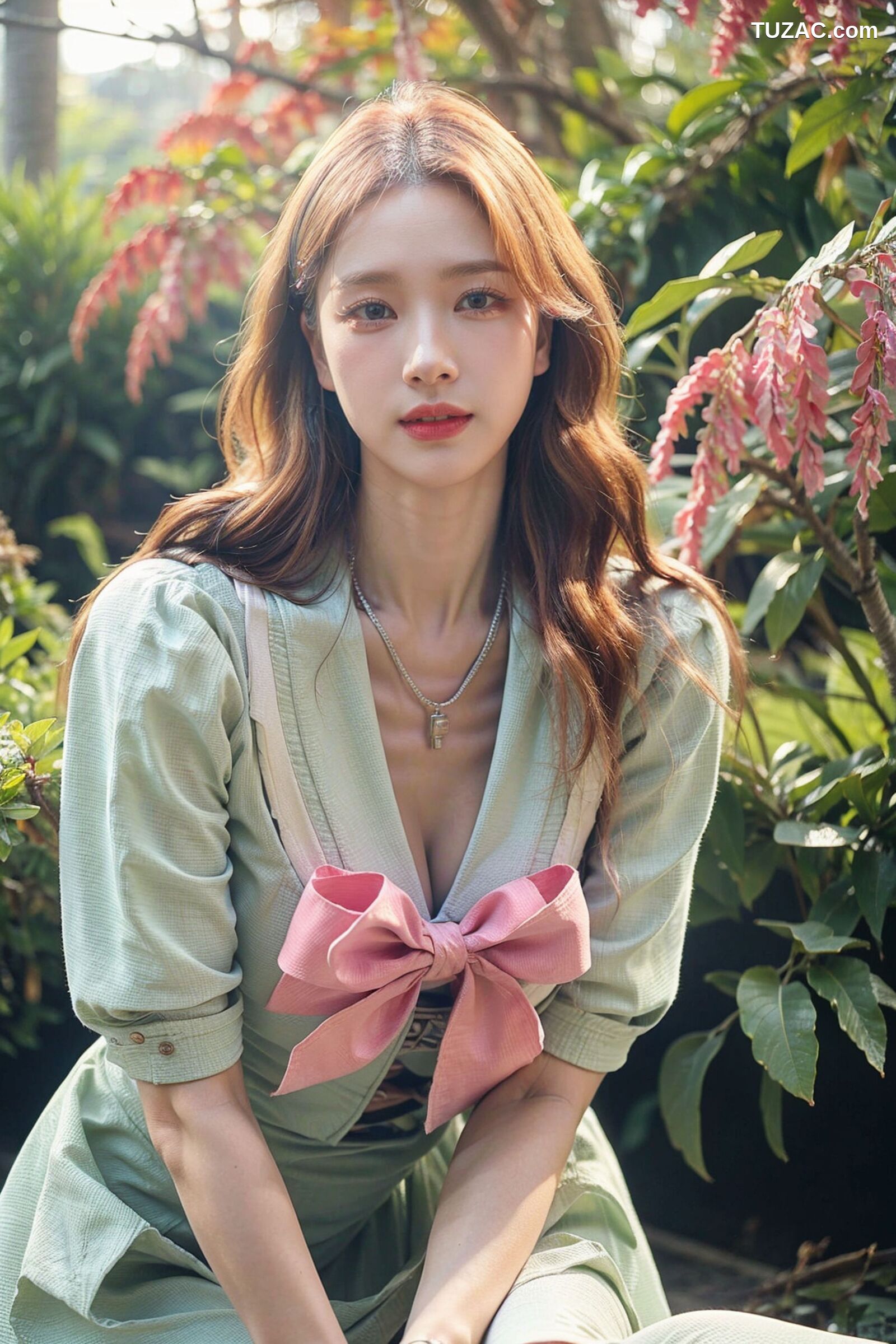 AI美女-拟实-花园中的绿裙美女