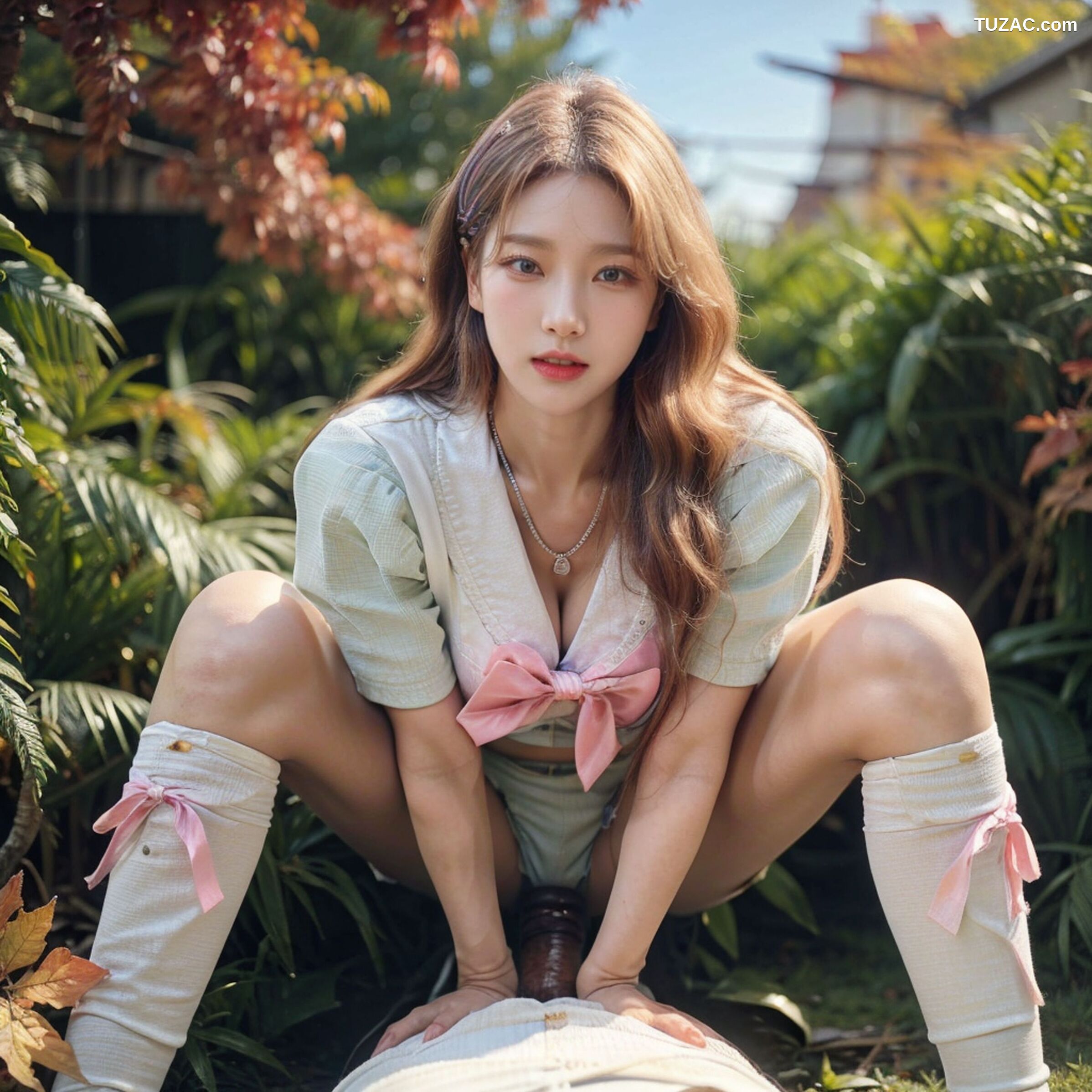 AI美女-拟实-花园中的绿裙美女