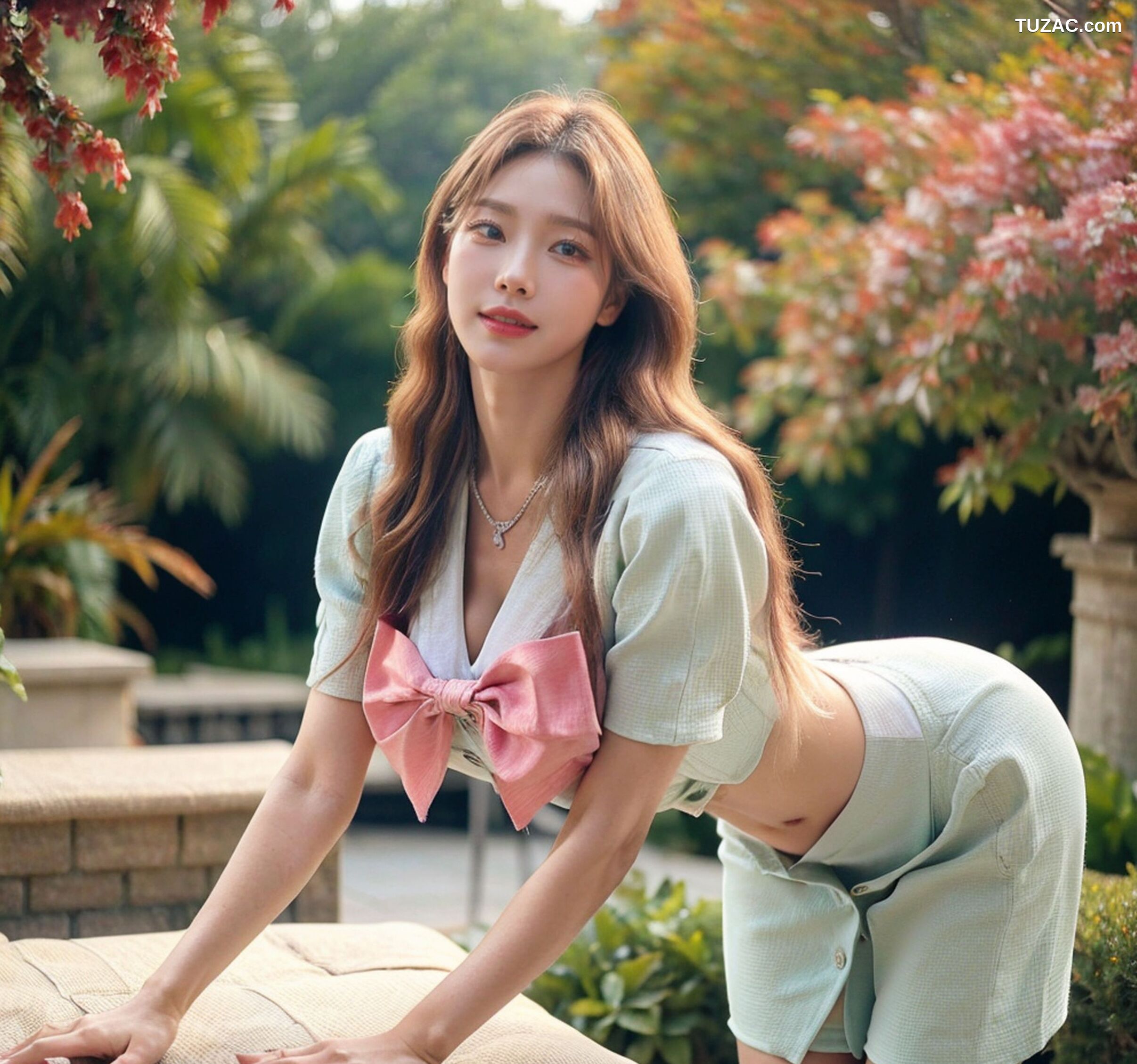 AI美女-拟实-花园中的绿裙美女