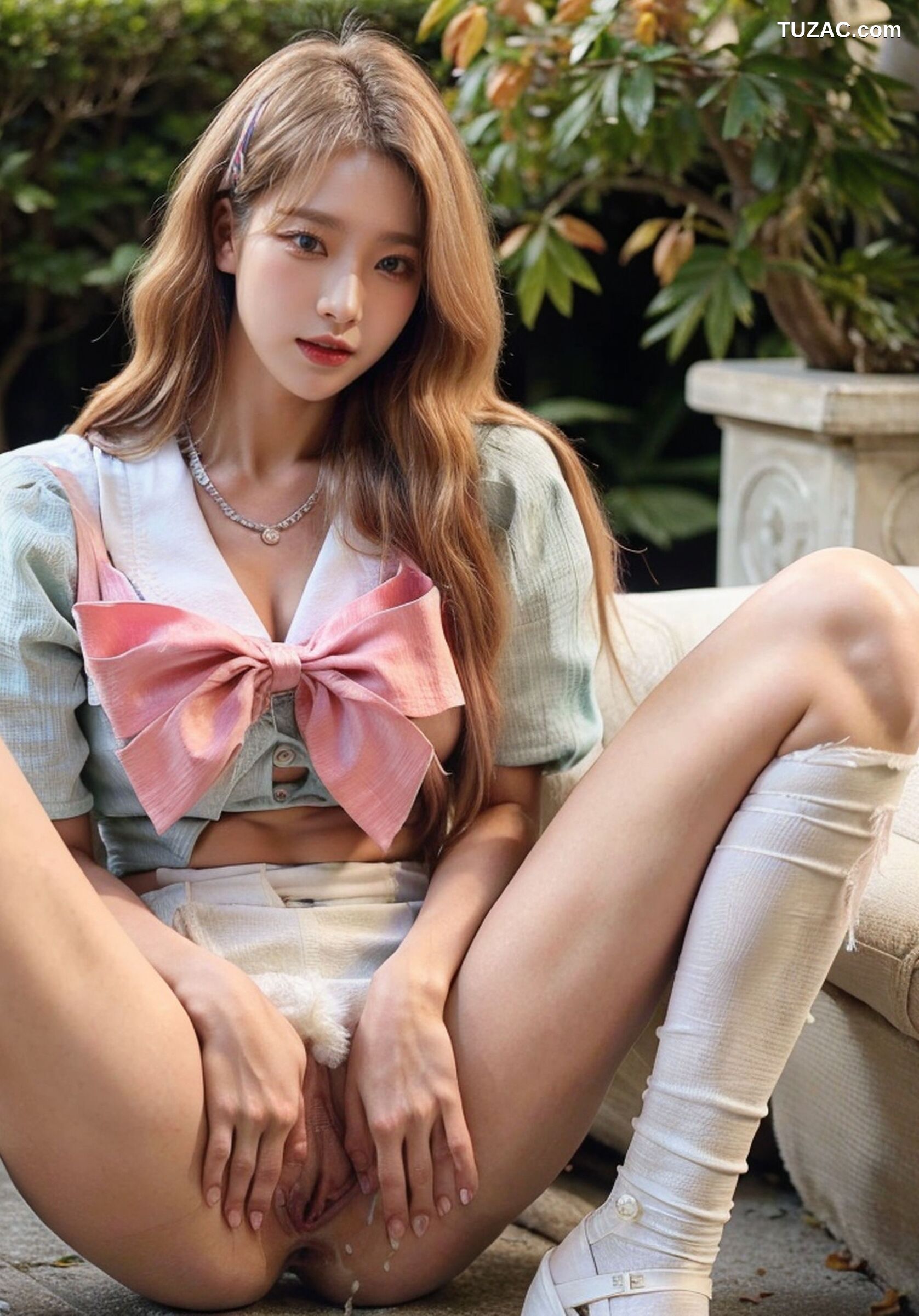 AI美女-拟实-花园中的绿裙美女