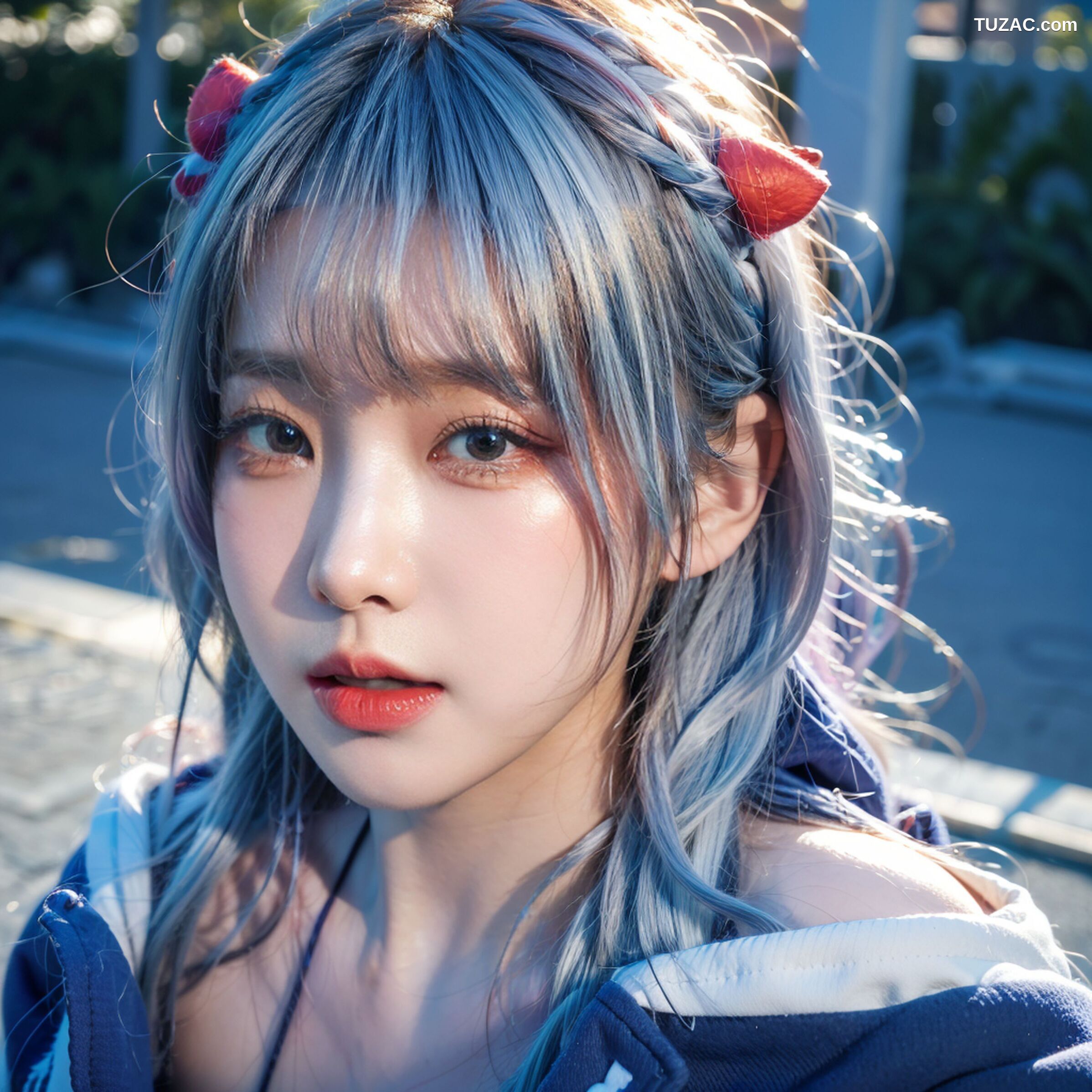 AI美女-拟实-蓝色运动服女生户外