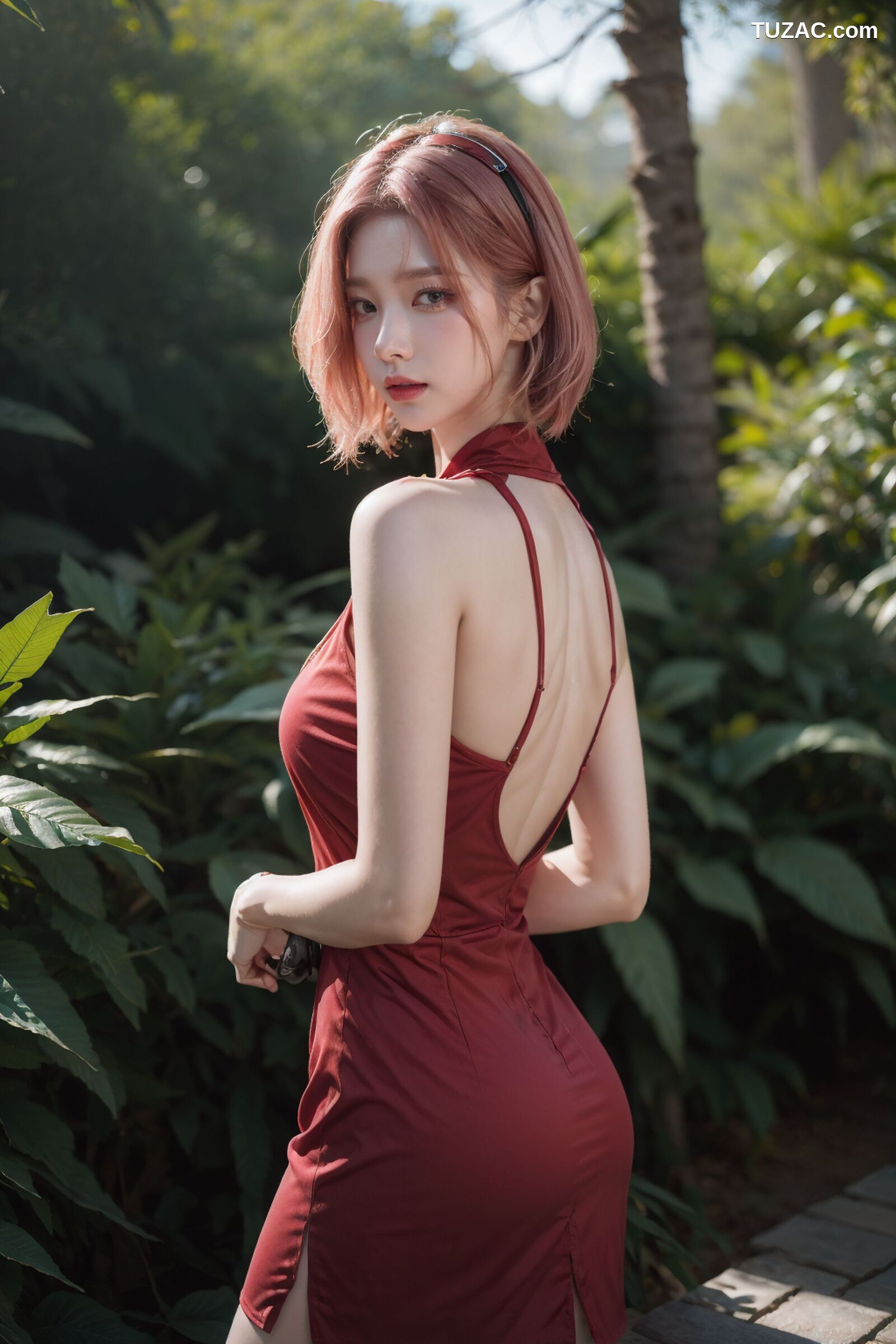AI美女-拟实-酒红色情趣旗袍