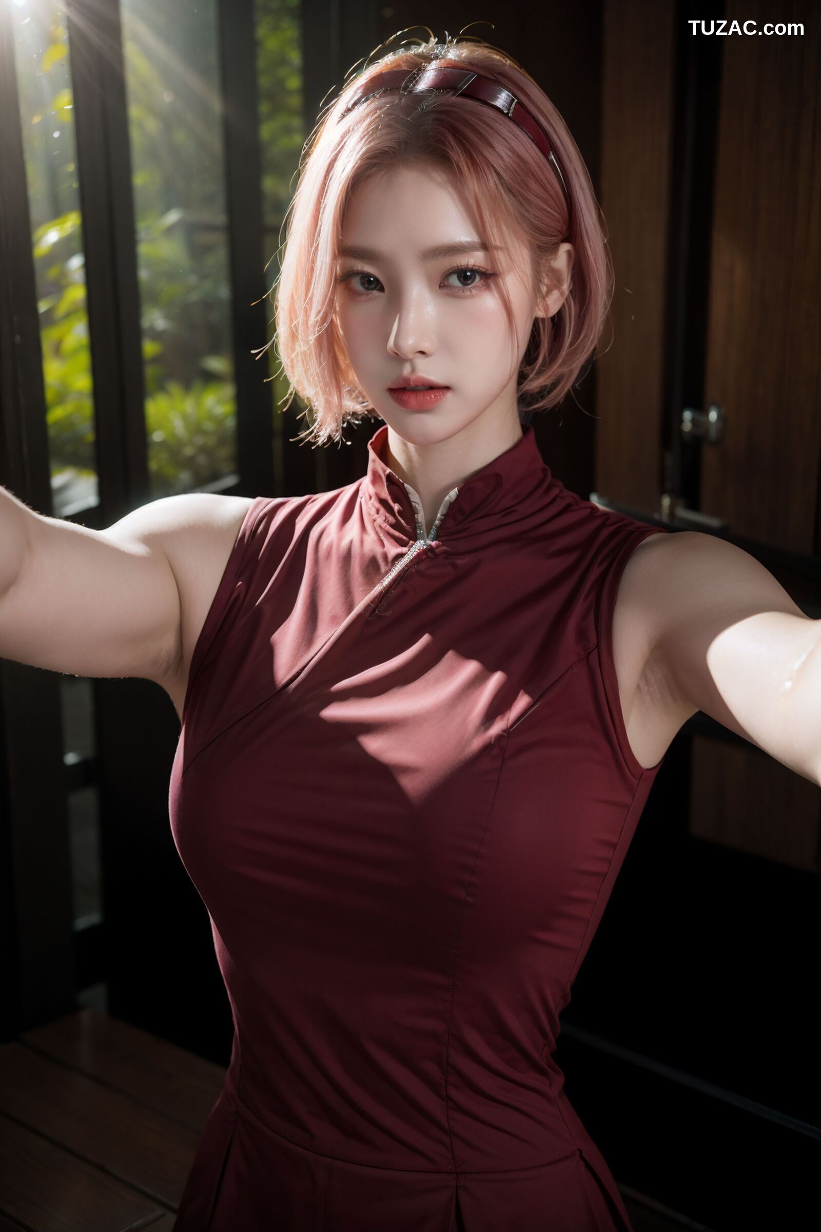 AI美女-拟实-酒红色情趣旗袍
