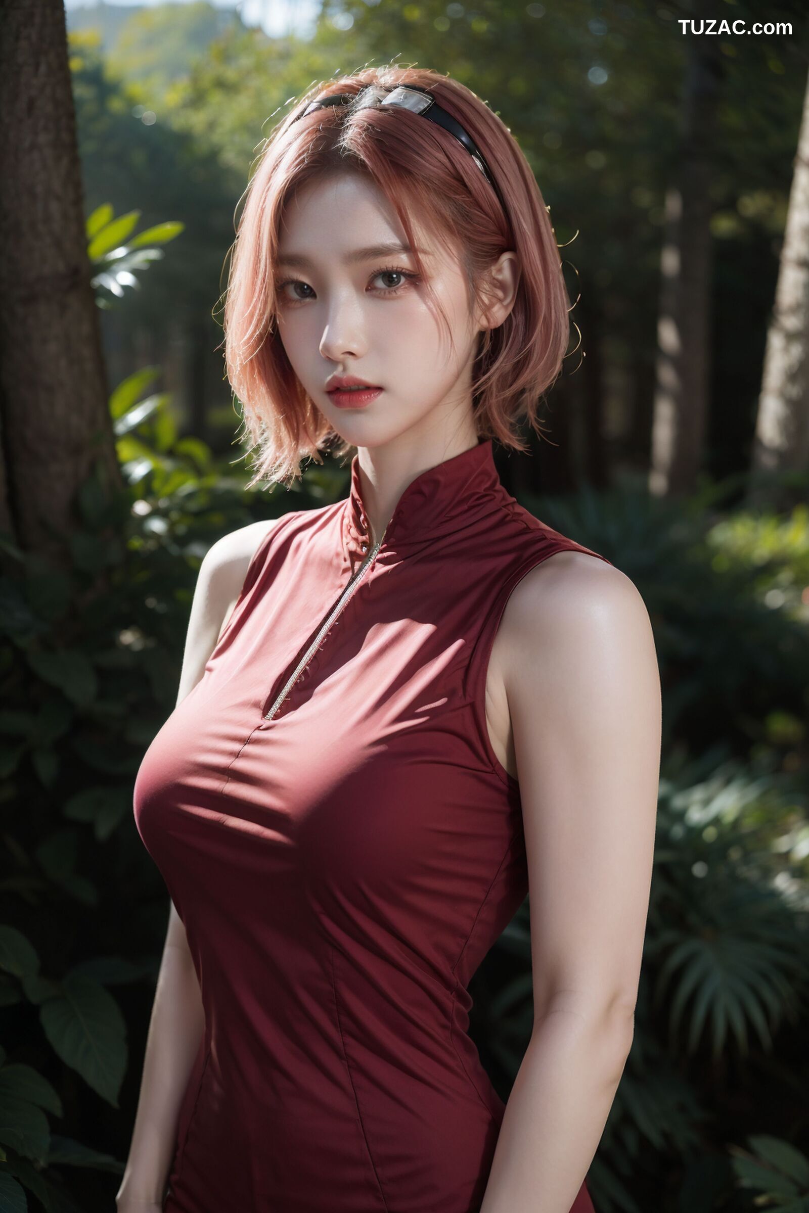 AI美女-拟实-酒红色情趣旗袍