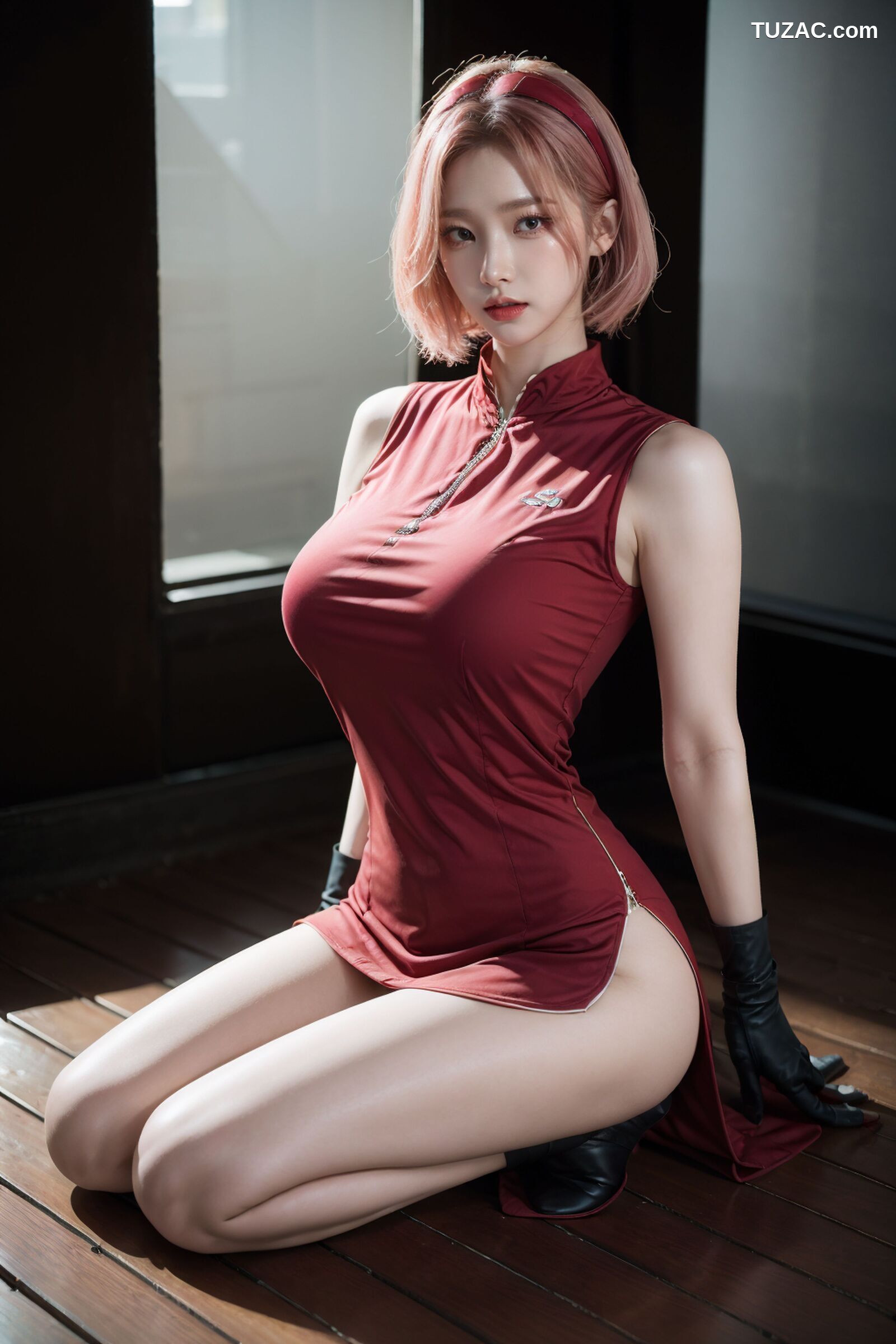 AI美女-拟实-酒红色情趣旗袍