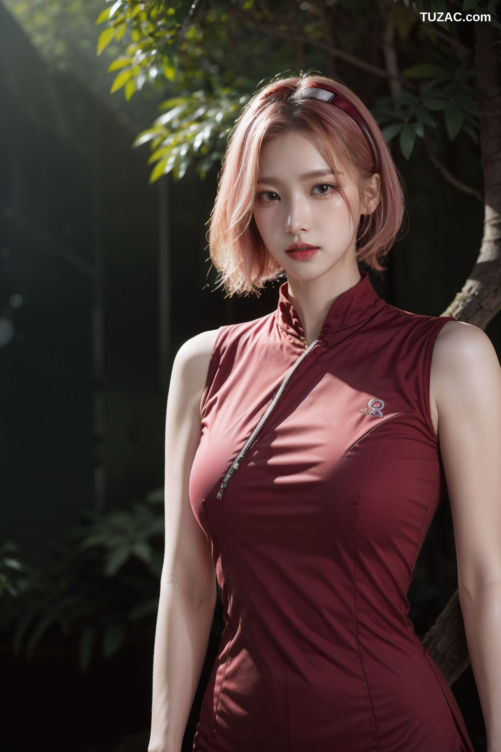 AI美女-拟实-酒红色情趣旗袍