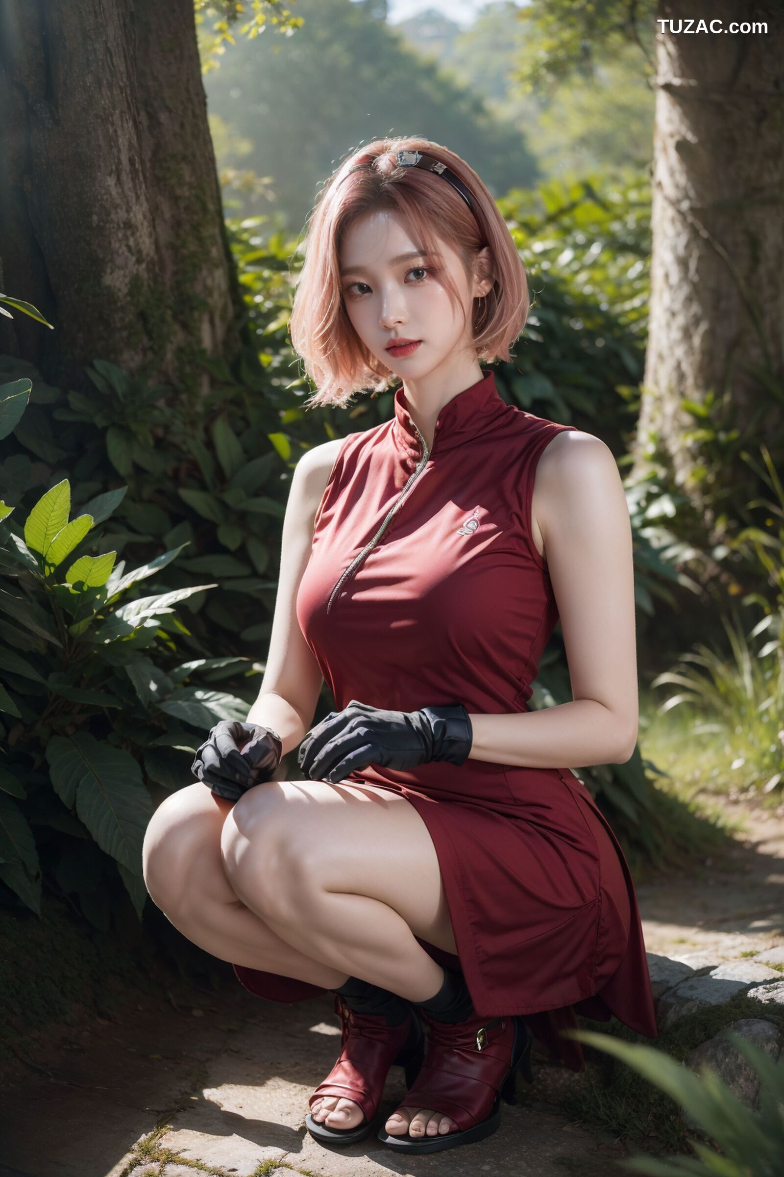 AI美女-拟实-酒红色情趣旗袍