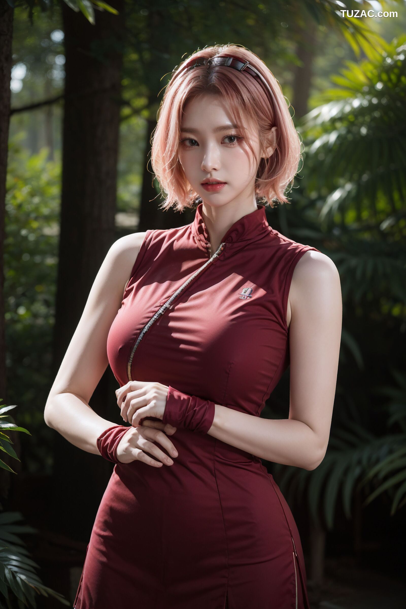 AI美女-拟实-酒红色情趣旗袍