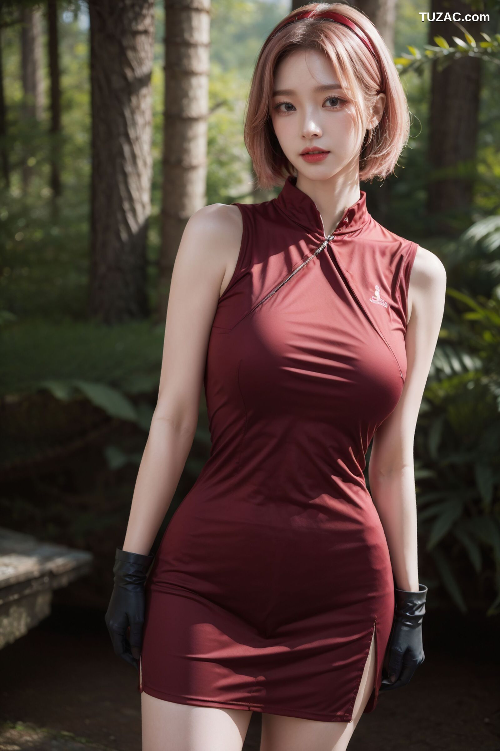 AI美女-拟实-酒红色情趣旗袍