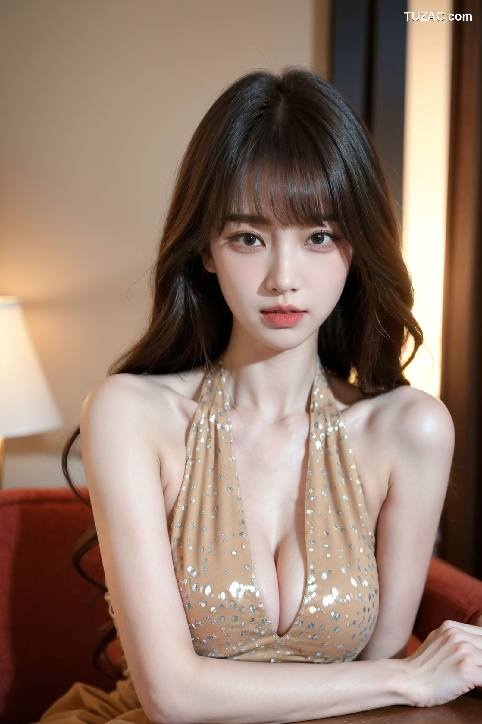 AI美女-拟实-金色挂脖连衣短裙