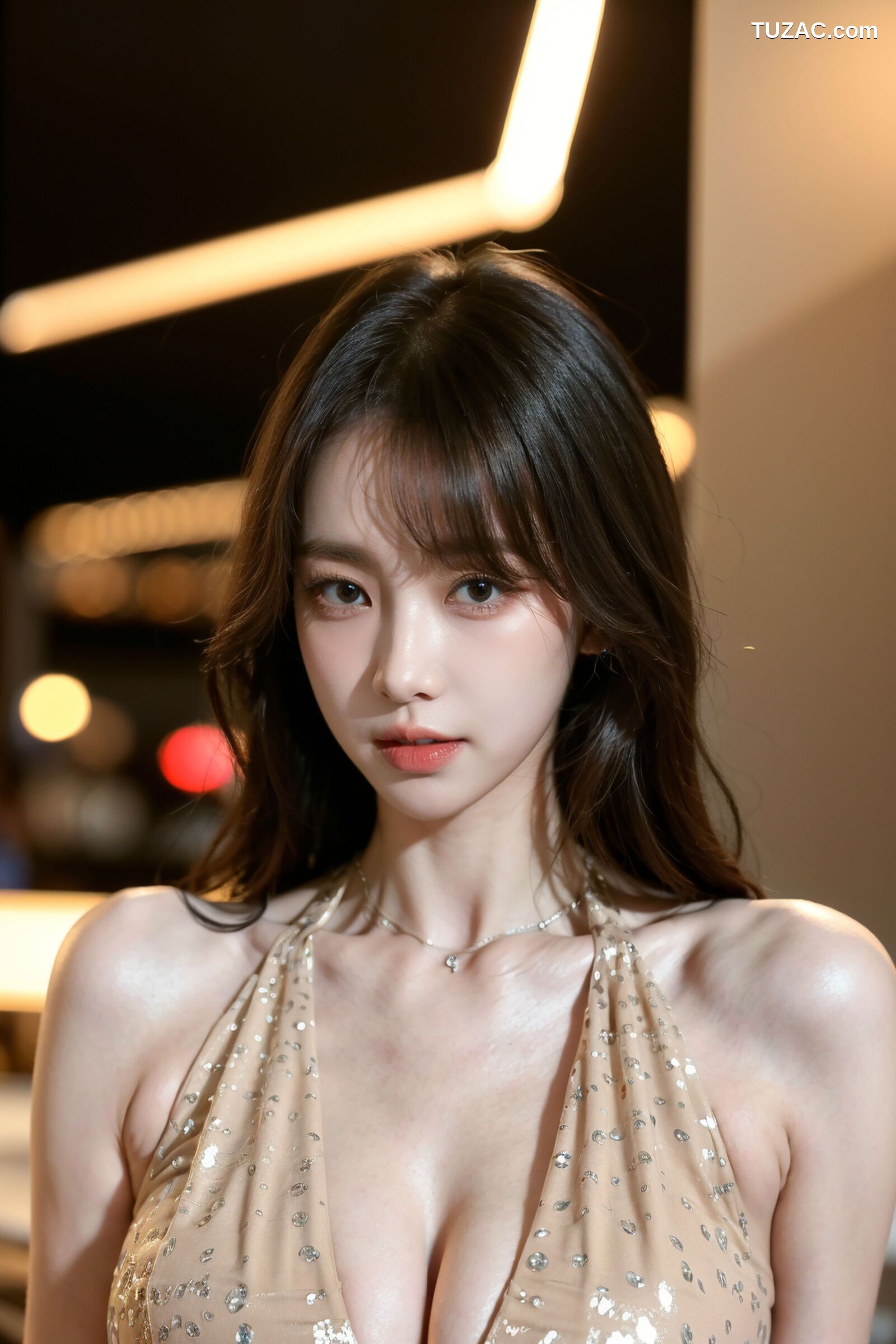 AI美女-拟实-金色挂脖连衣短裙