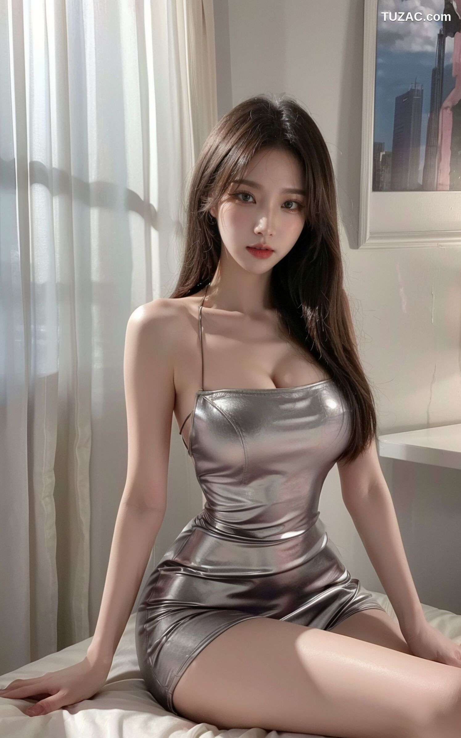AI美女-拟实-银色吊带连衣短裙