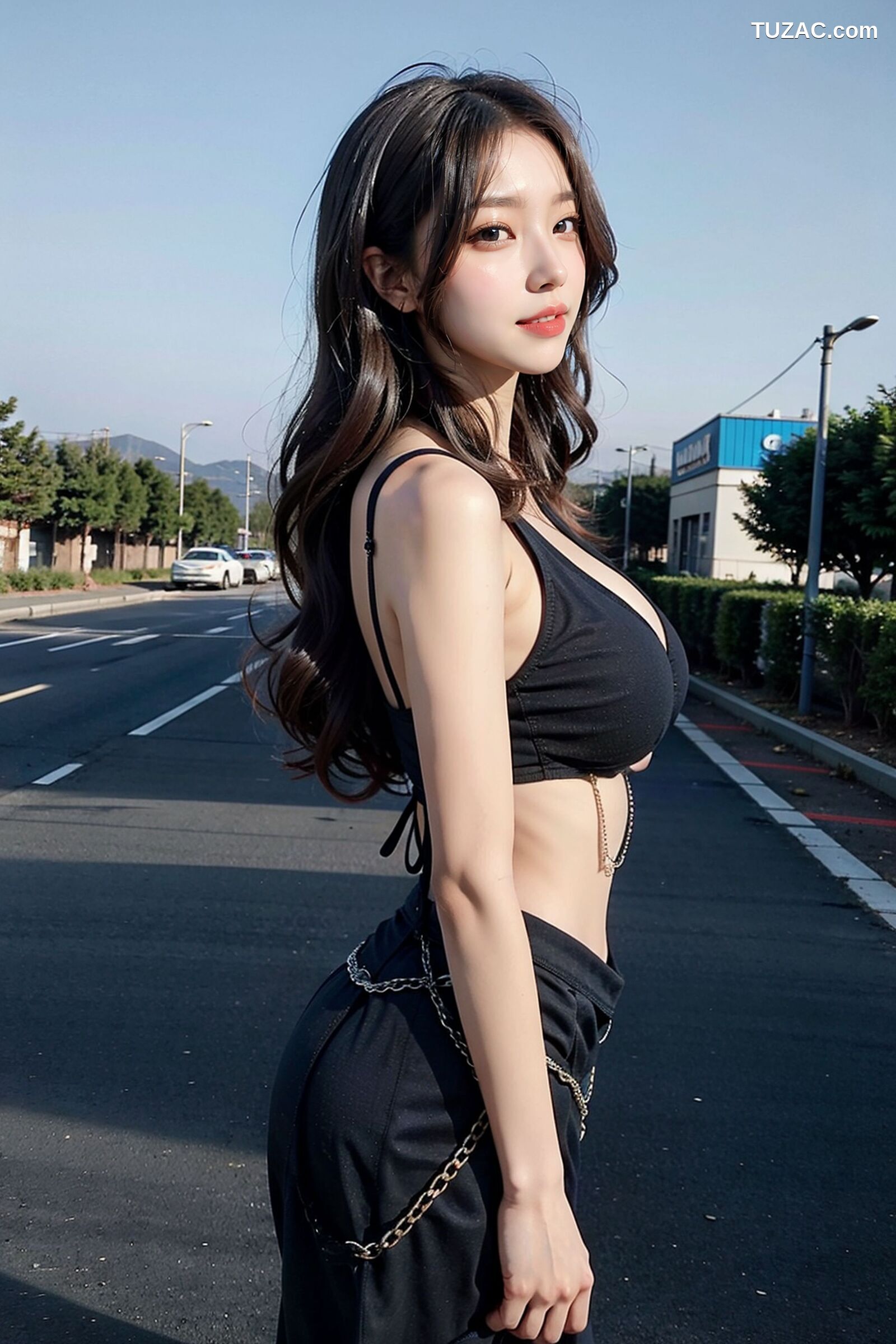 AI美女-拟实-黑色交叉裹胸黑色腰帘街拍