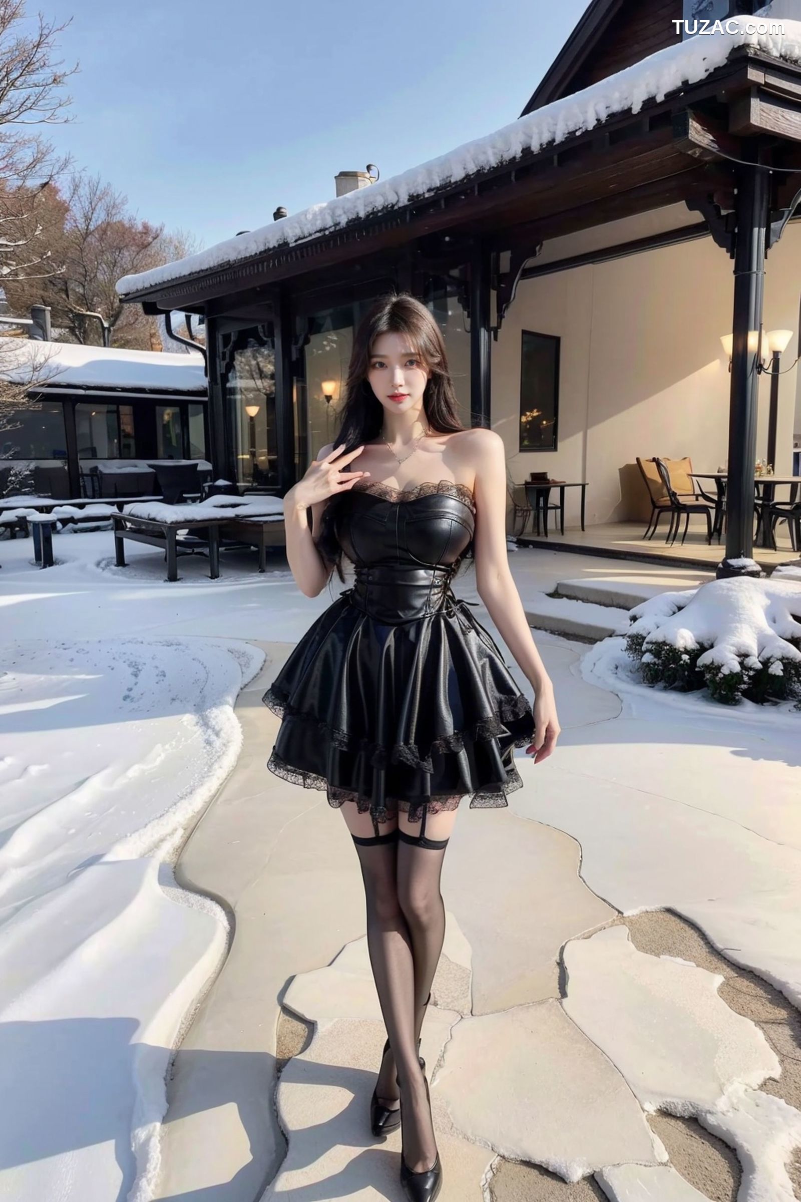AI美女-拟实-黑色皮质抹胸连衣百褶裙