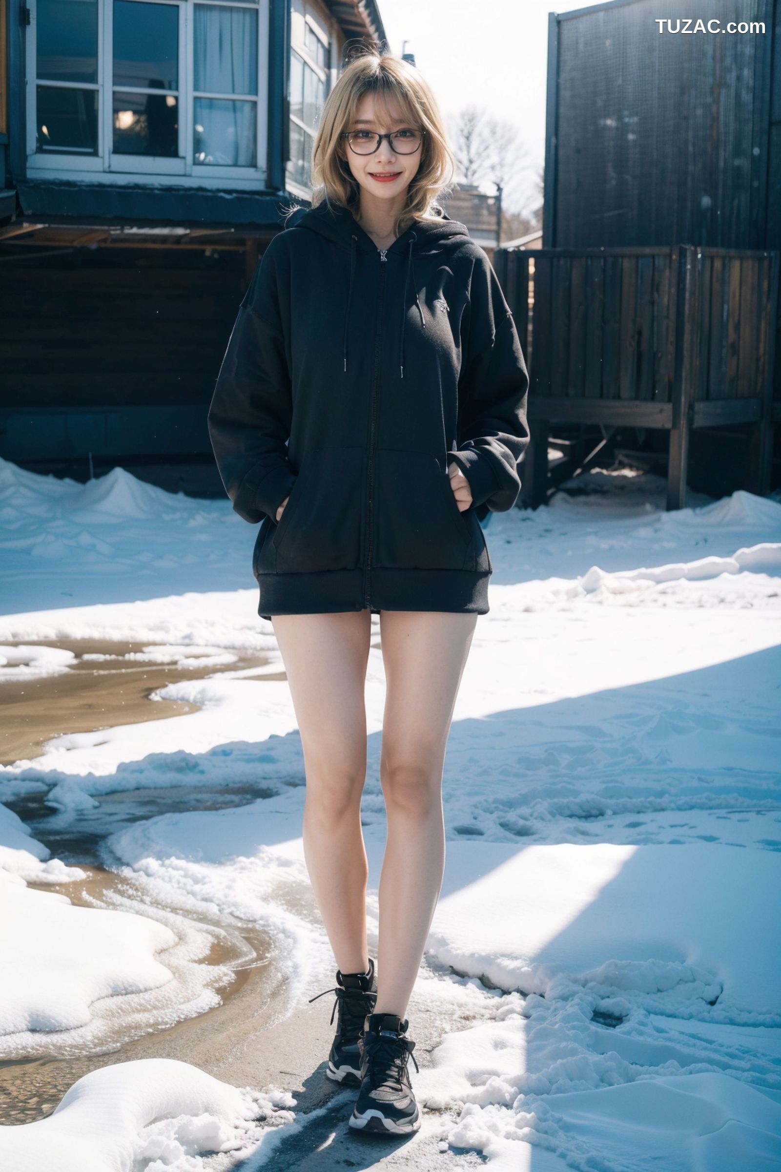 AI美女-拟实-黑色连帽衫女孩户外